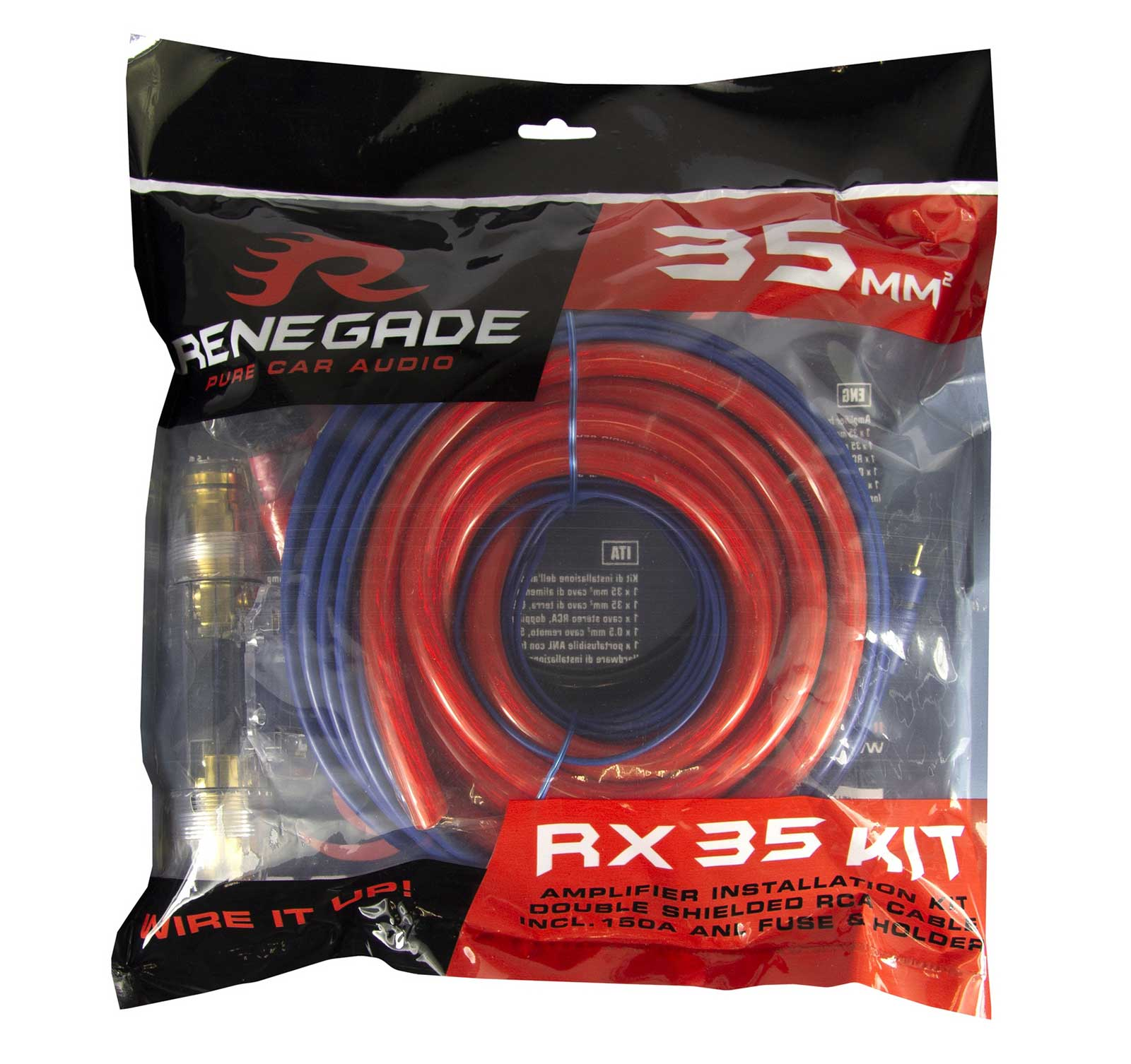 Verpackung mit roten und blauen Kabeln, Renegade-Logo und "RX 35 KIT"-Aufschrift.