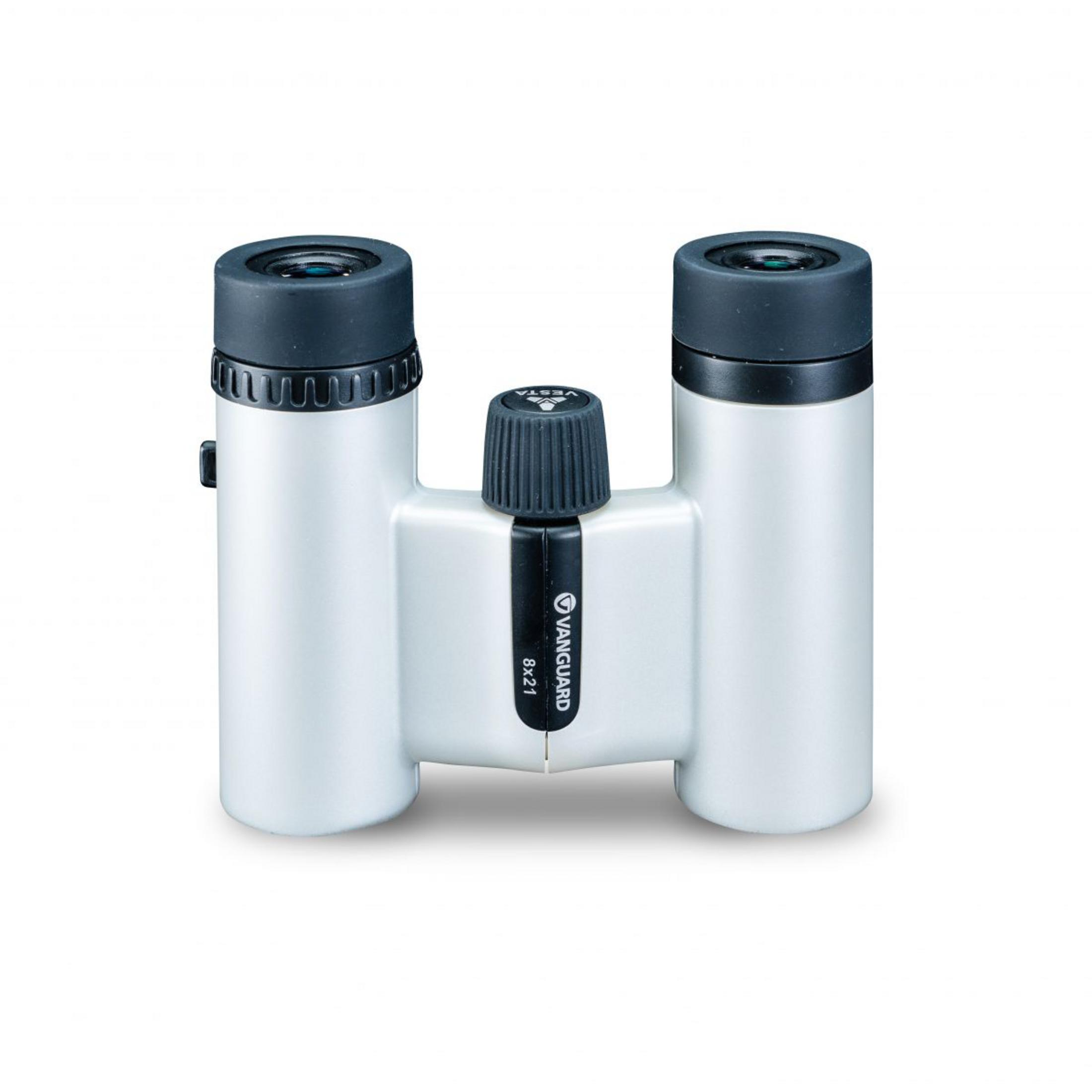 Prismáticos blancos Vanguard 8x21 con rueda de enfoque y oculares negros.