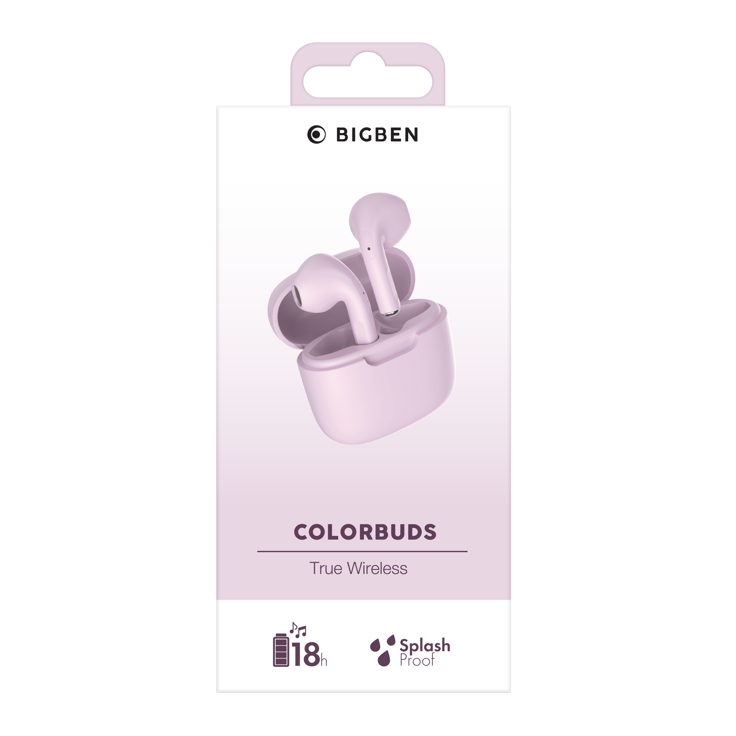 Confezione rosa per auricolari wireless, con scritta "COLORBUDS".