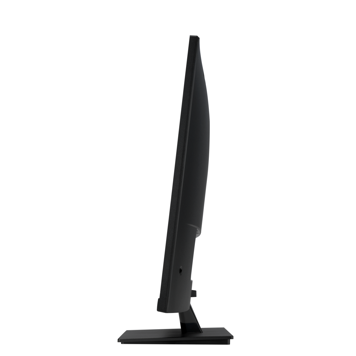 Moniteur d'ordinateur noir vu de côté, sur fond blanc.
