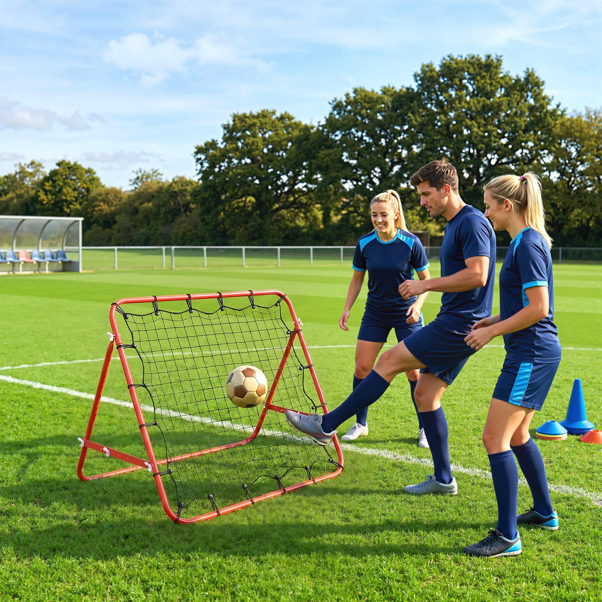 Entrenamiento de fútbol: hombres y mujeres practican con red de rebote en campo de césped.