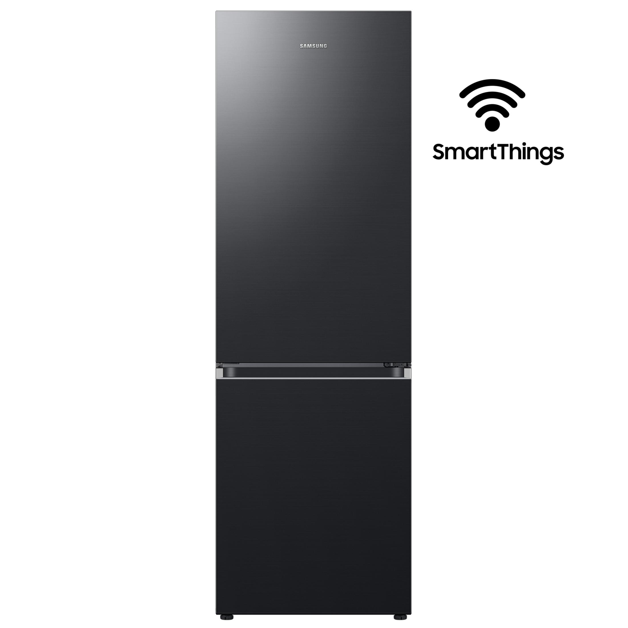Un frigorifero Samsung nero con logo SmartThings in alto a destra.
