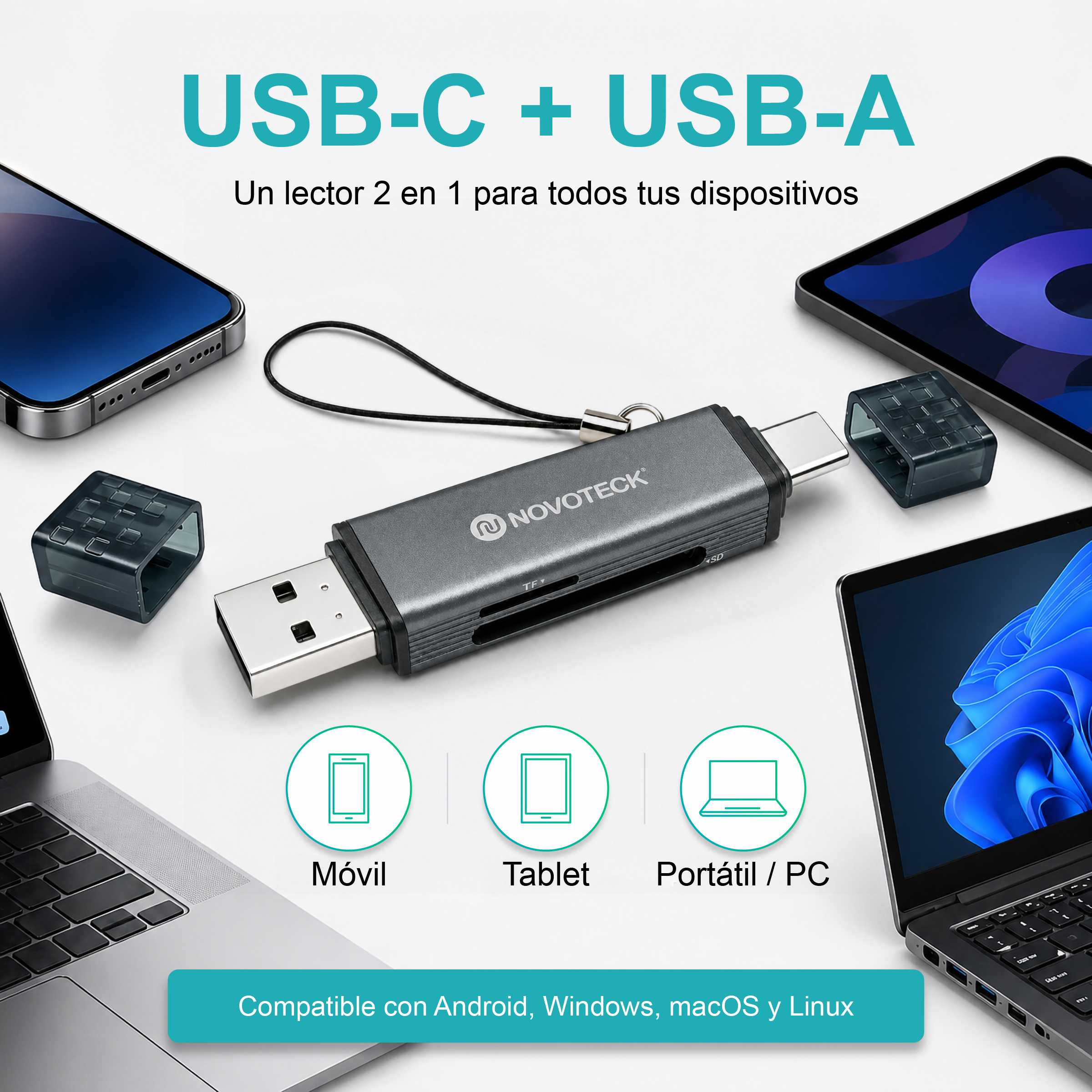 Un lettore di schede USB-C/USB-A con laptop, smartphone e tablet.
