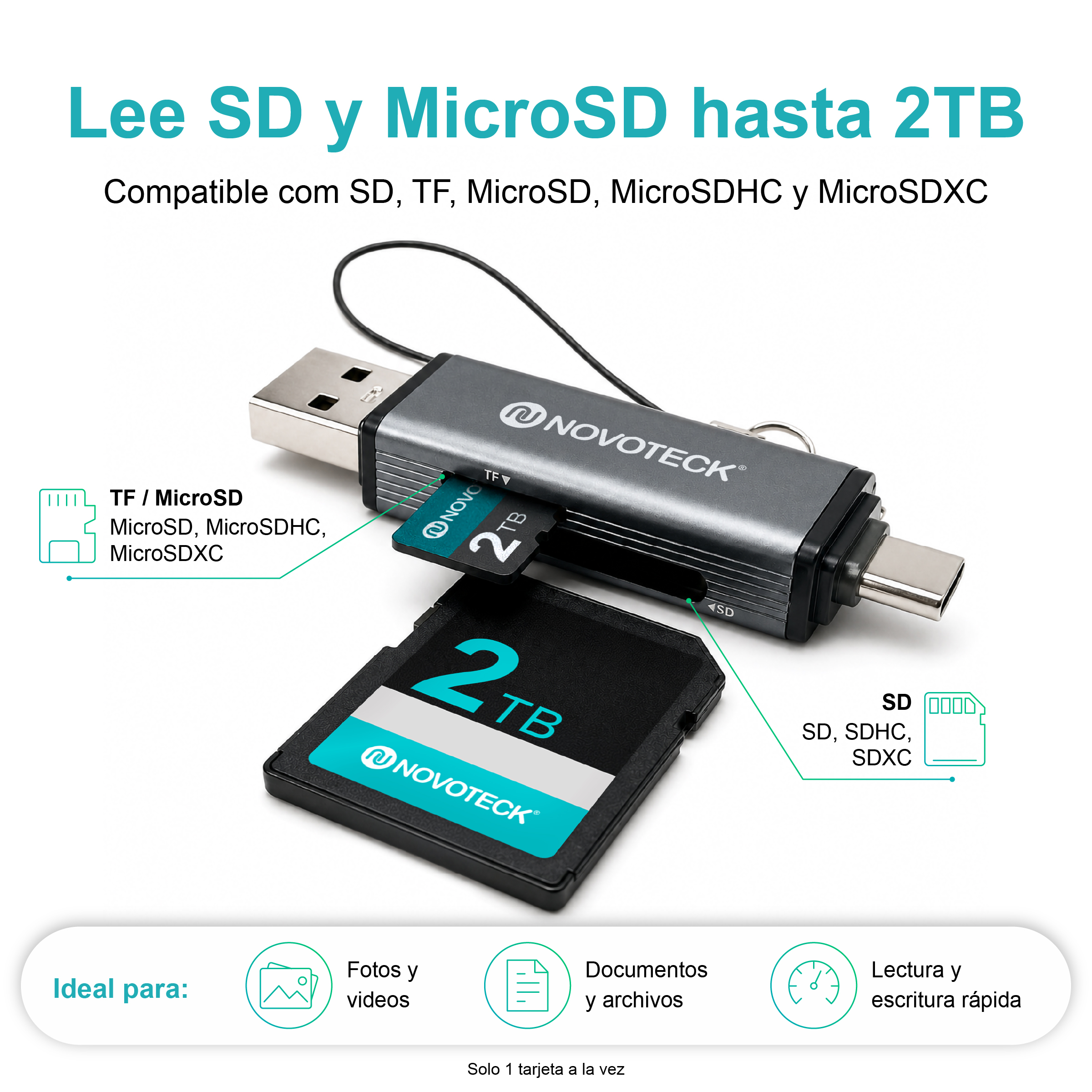 Un lettore di schede USB con schede SD e microSD, entrambe etichettate 2TB.