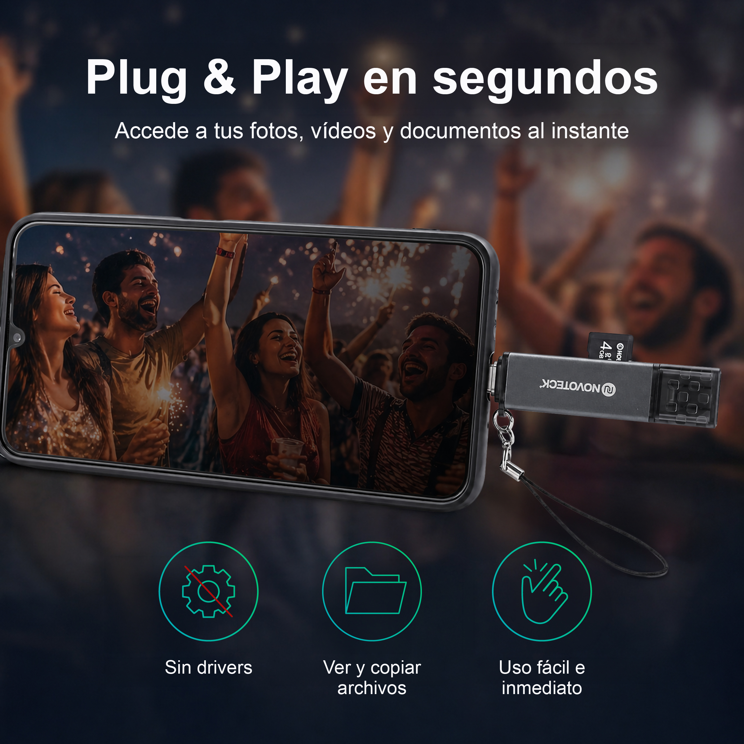 Un'unità USB si collega a uno smartphone che mostra una coppia festosa.