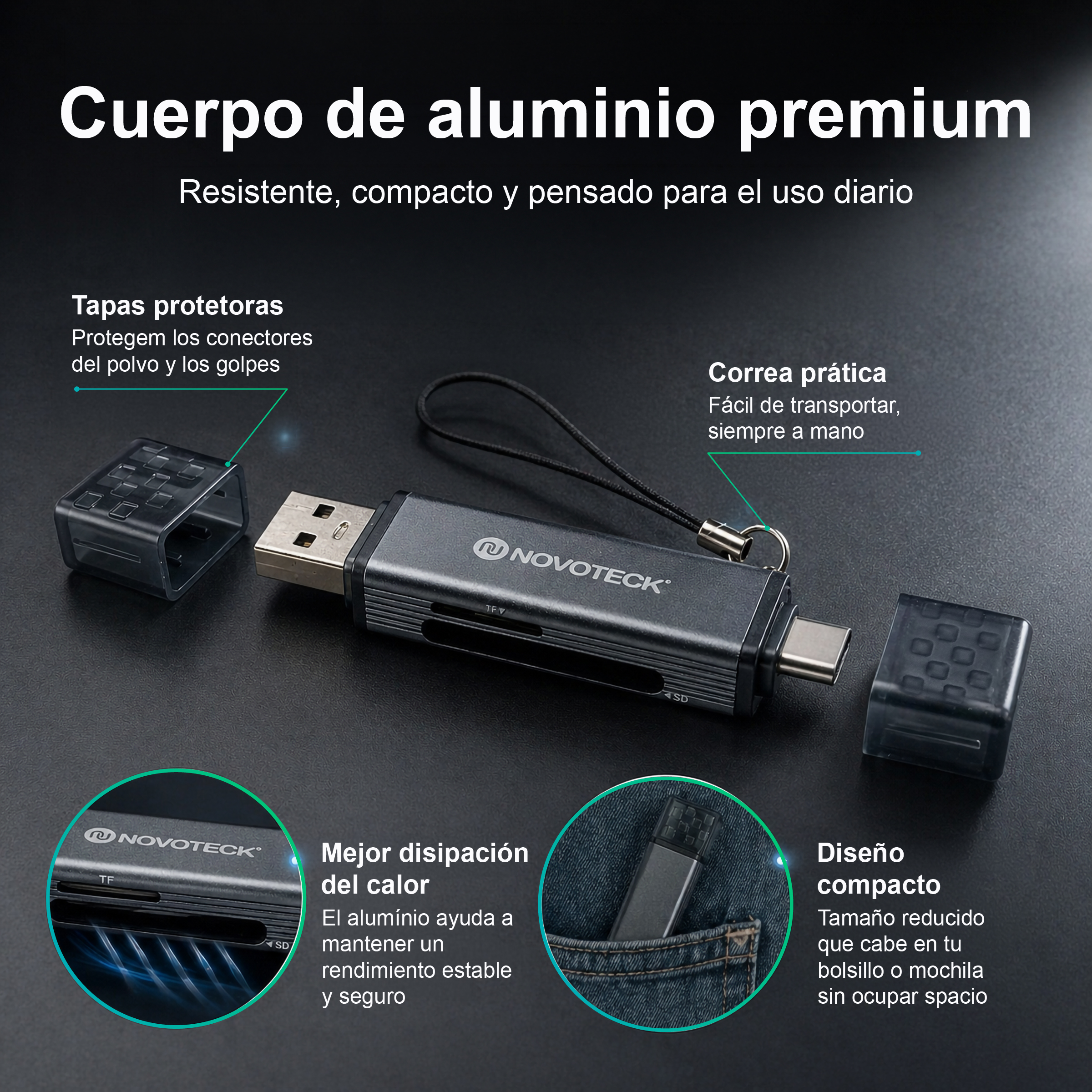 Un lettore di schede in alluminio grigio con porte USB e USB-C, slot per schede TF e SD.