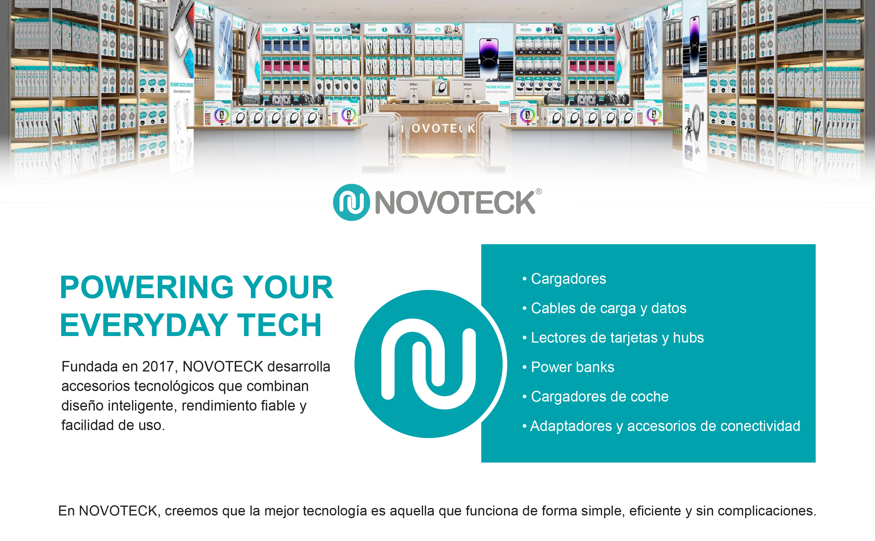 Exhibición de accesorios tecnológicos NOVOTECK: cargadores, cables, power banks.