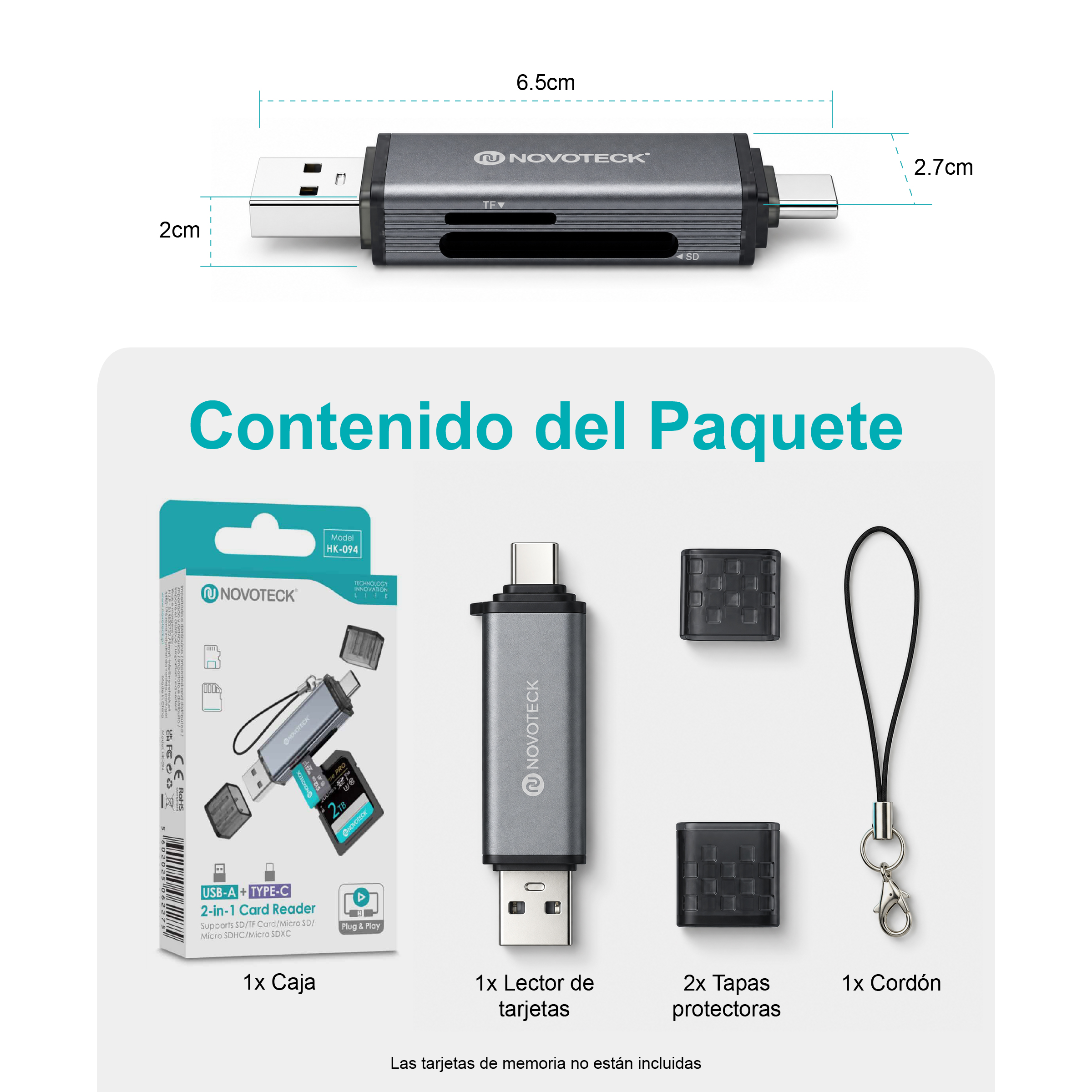 Un lettore di schede USB-C/USB-A grigio e argento con due slot e accessori.