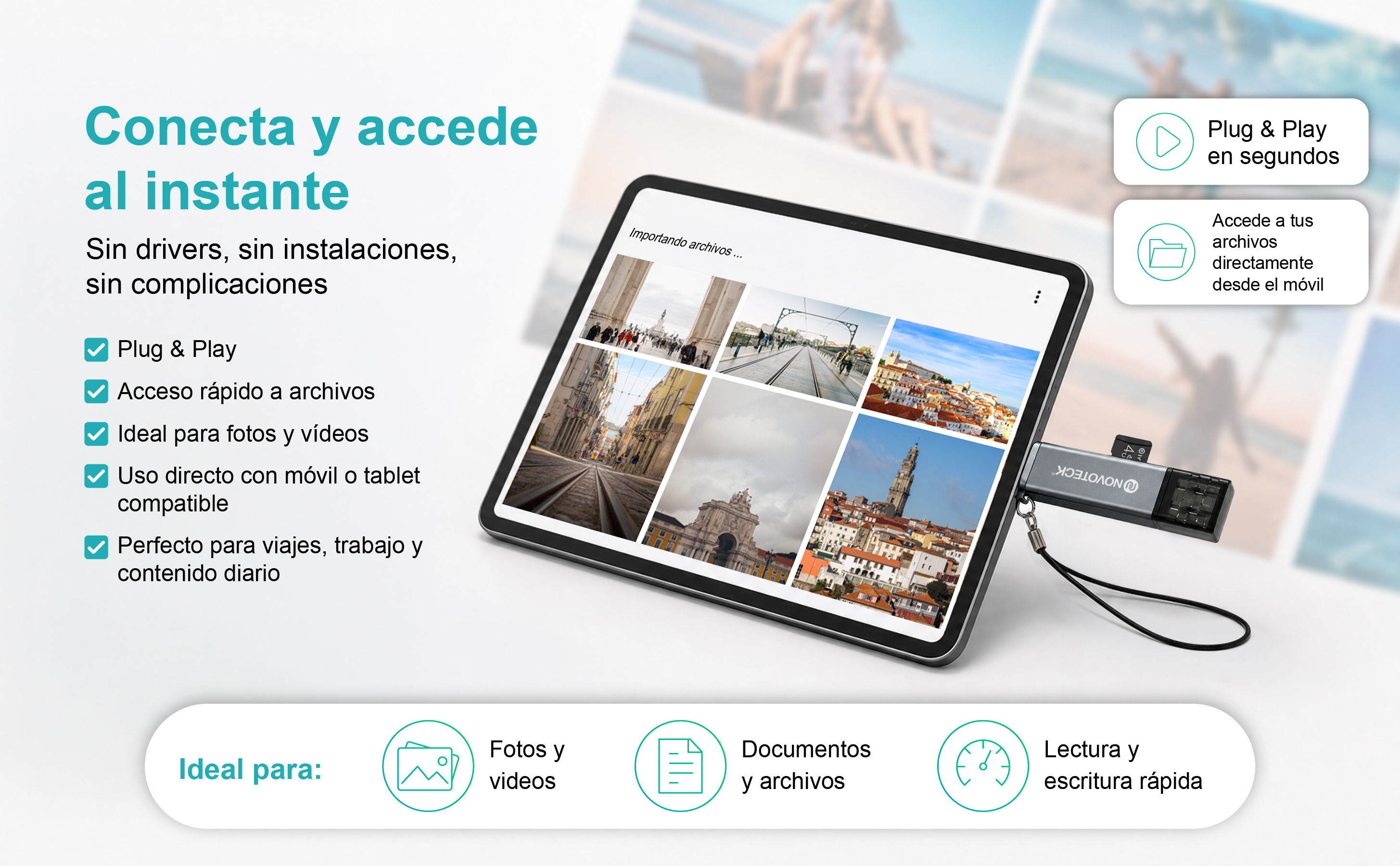 Un tablet mostra foto. Un lettore di schede è collegato. Vengono elencate le caratteristiche.