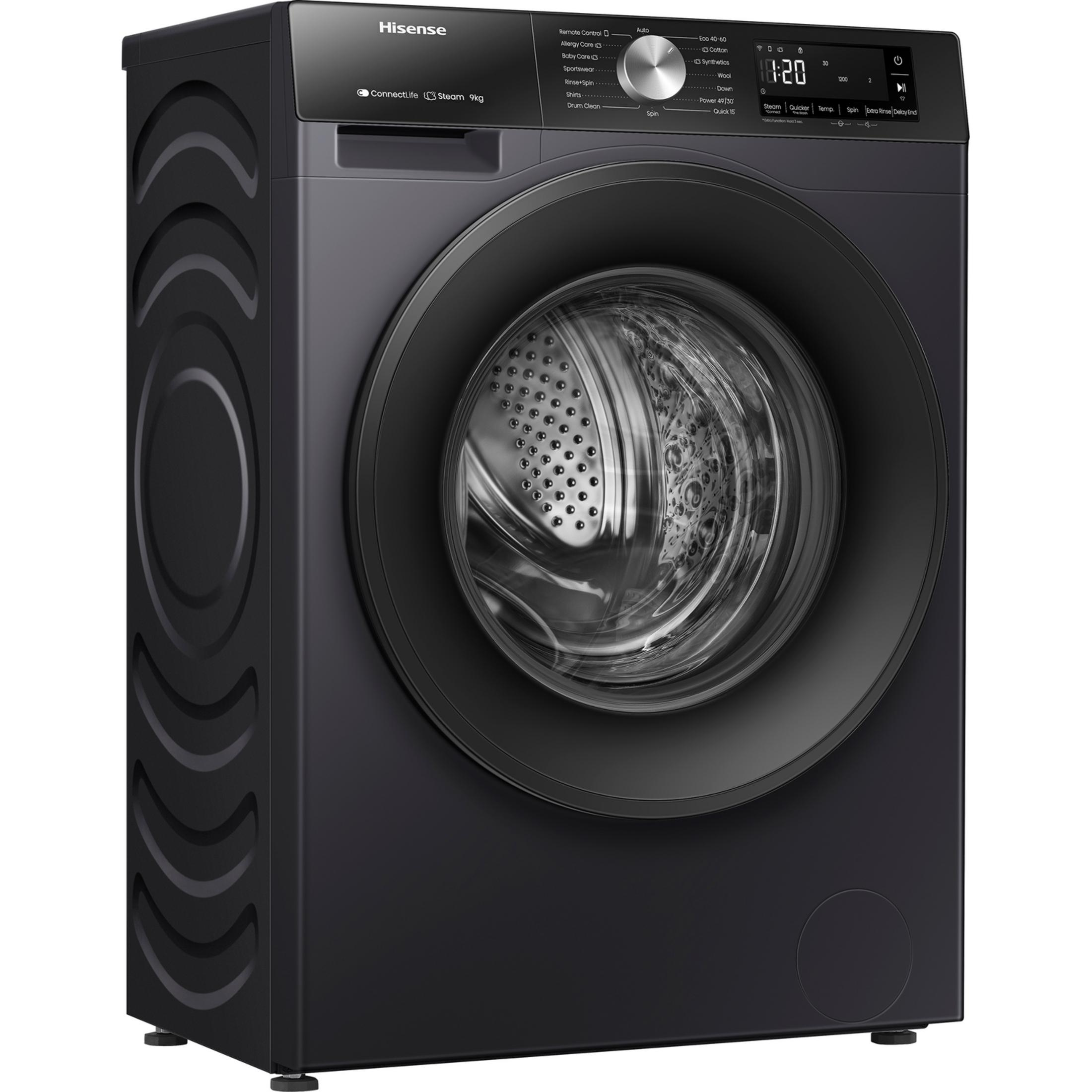 Schwarze Hisense Waschmaschine mit runder Tür und Bedienfeld.