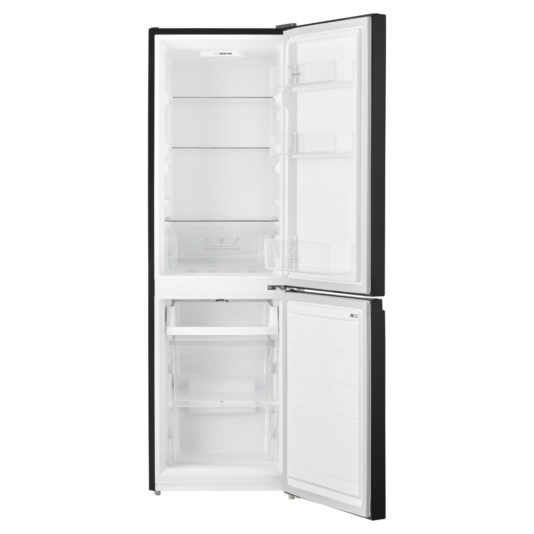 An open black refrigerator with white shelves and drawers.