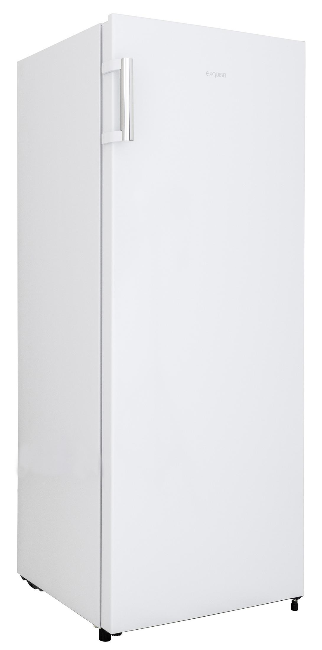 Ein weißer Kühlschrank mit einem silbernen Griff und dem Logo oben.