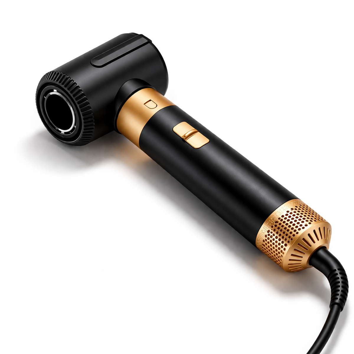 Secador de pelo negro y dorado con cabeza en T y cable.