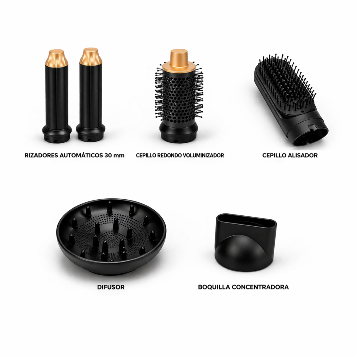 Cinco accesorios negros para peinar el cabello: dos rizadores, cepillo, alisador, difusor y boquilla.