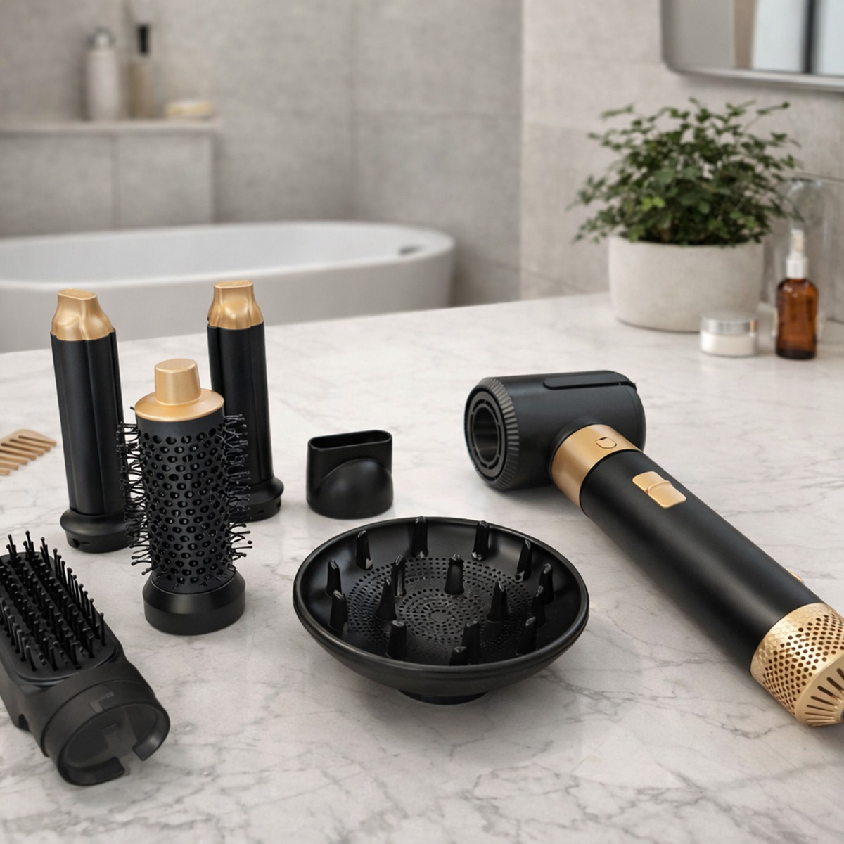 Set de secador de pelo negro y dorado con accesorios en encimera de mármol. Baño al fondo.