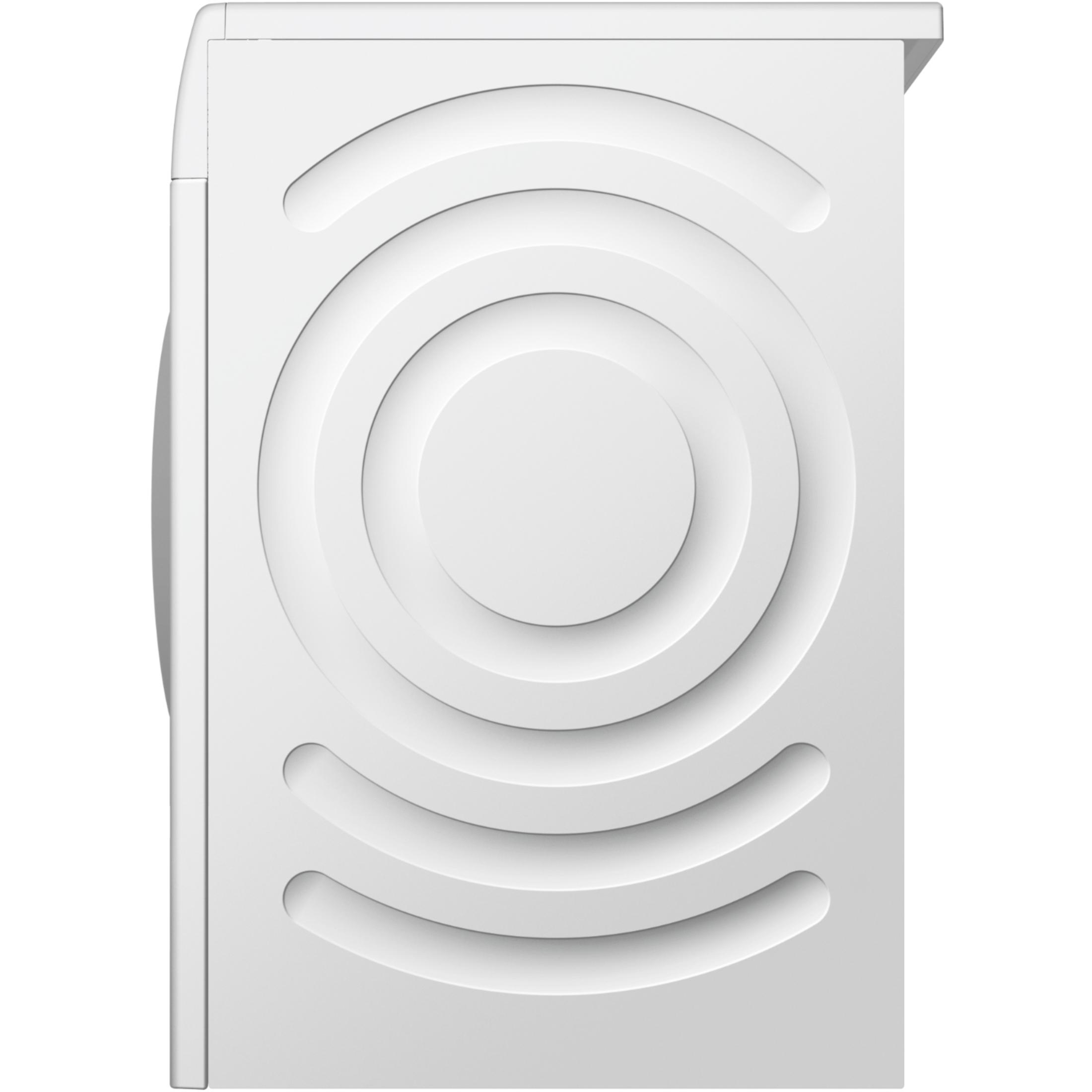 White washing machine with concentric circles on its side.