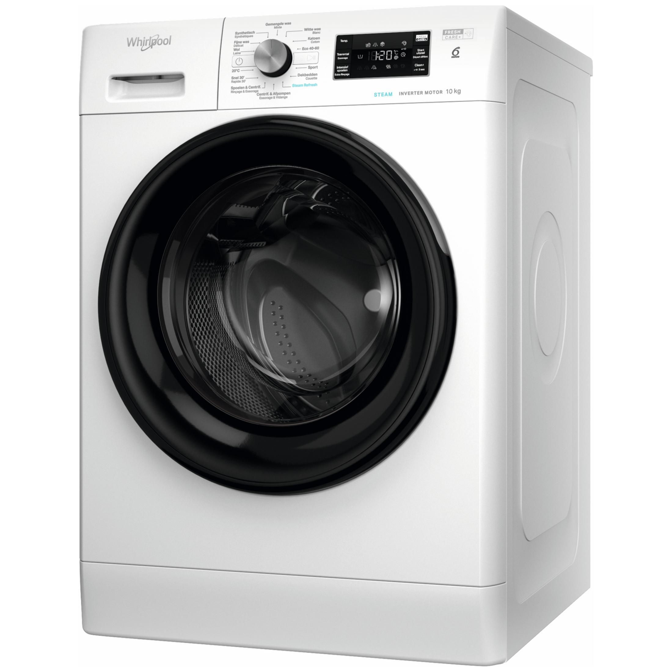 Een witte Whirlpool wasmachine met zwarte deur en bedieningspaneel.