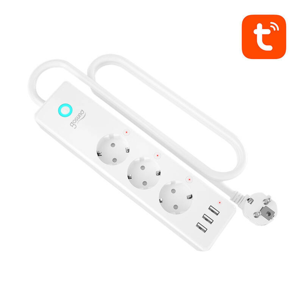 Una ciabatta bianca con tre prese e tre porte USB, con cavo e spina bianchi.