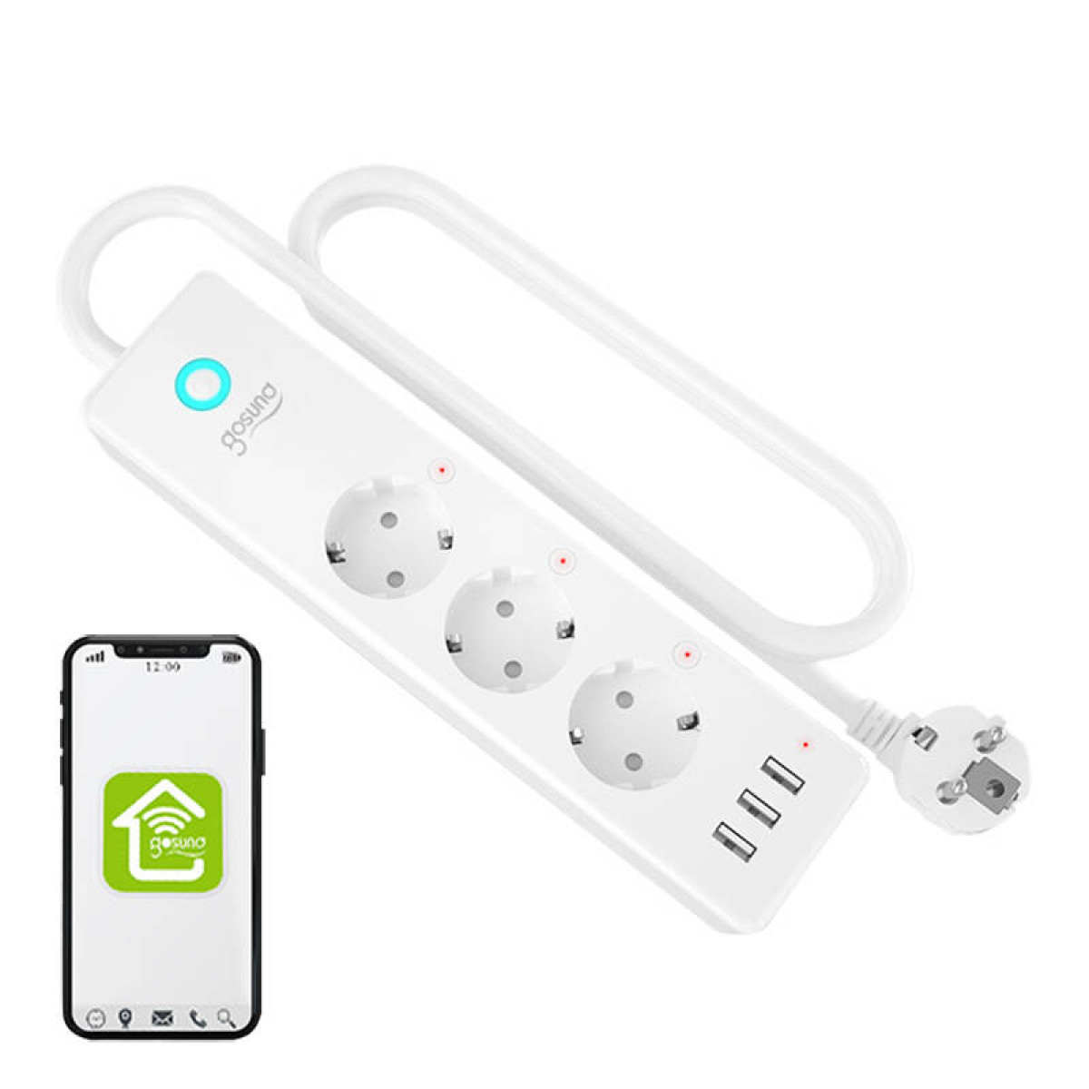 Ciabatta bianca con 3 prese, 3 porte USB e uno smartphone che mostra un'app casa verde.