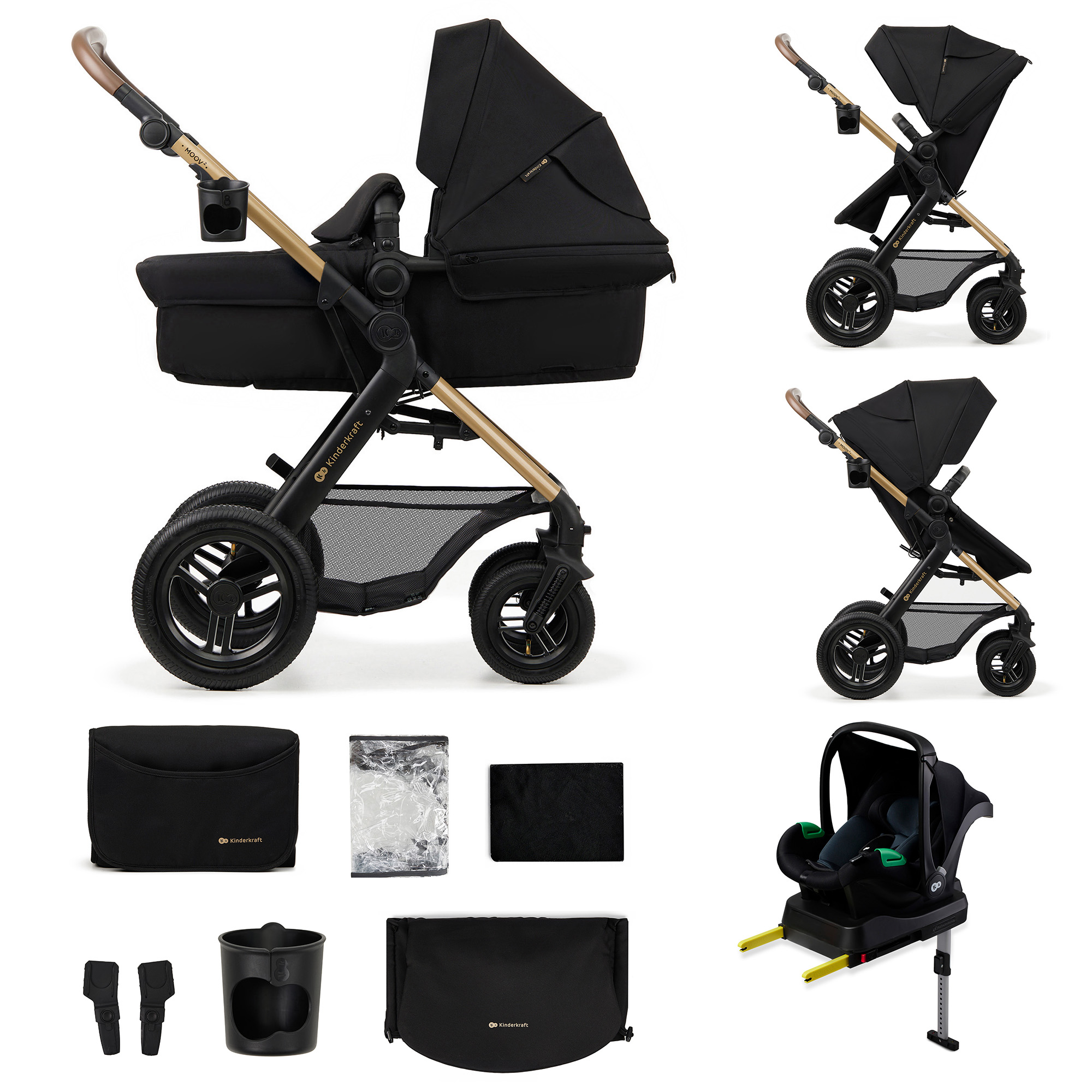 Schwarzer Kinderwagen mit goldenen Akzenten, Zubehör und Autositz auf weißem Hintergrund.