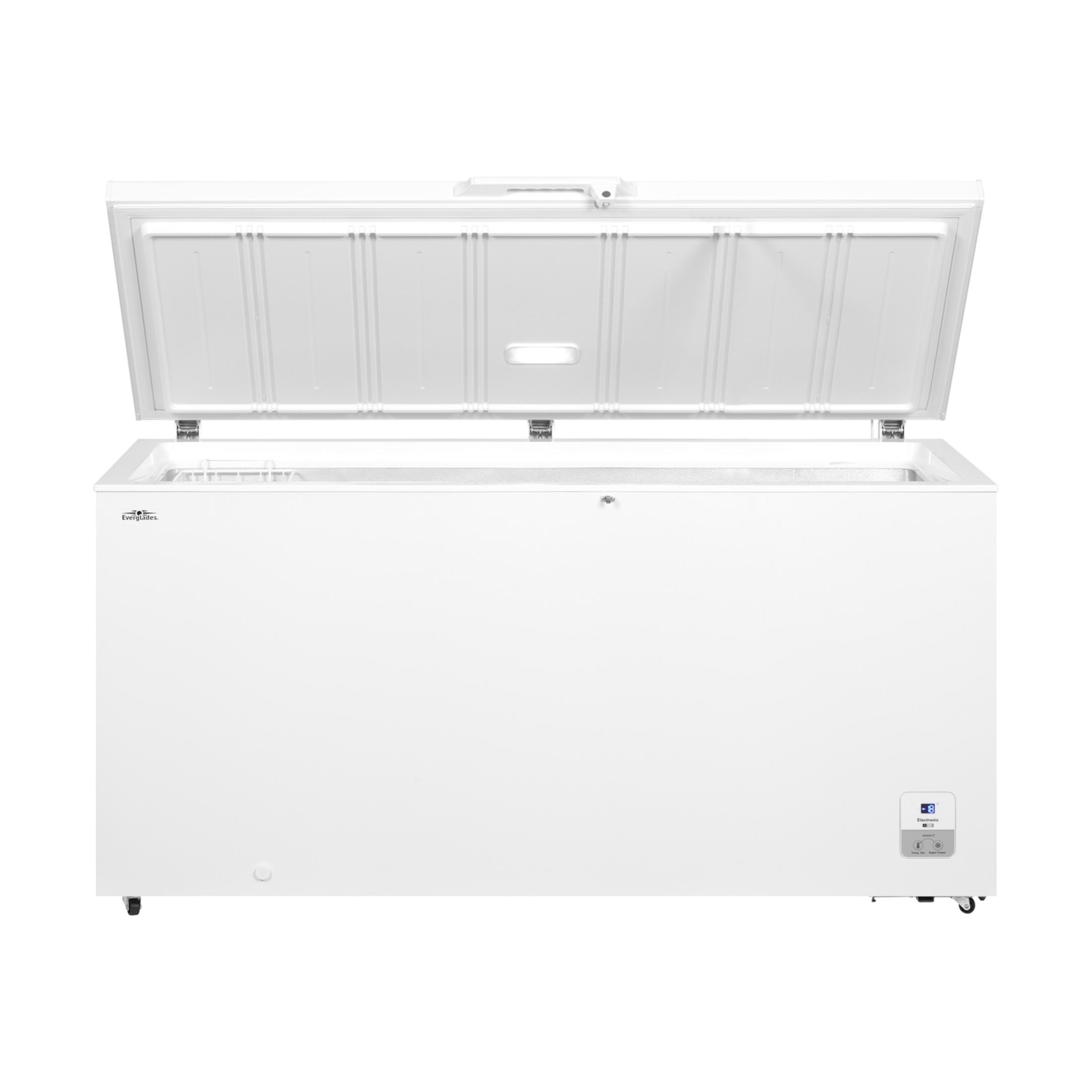 A white chest freezer with its lid open, showing an interior rack.