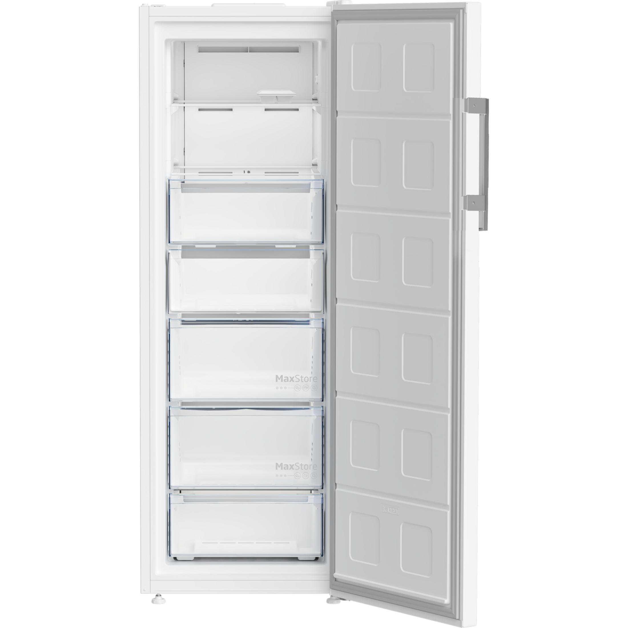 Open white upright freezer with multiple transparent drawers and shelves.
