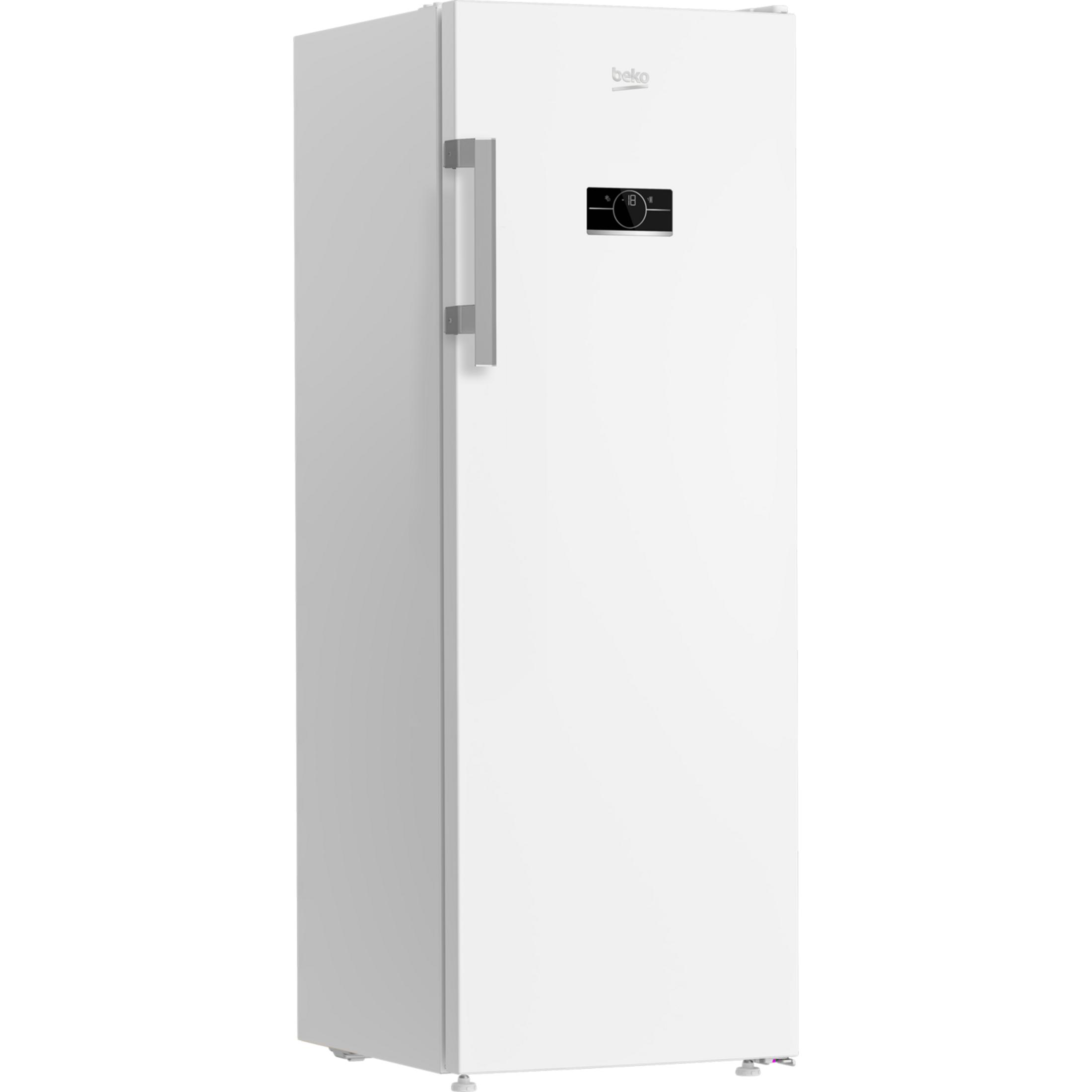 A white Beko upright freezer with a silver handle and digital display.