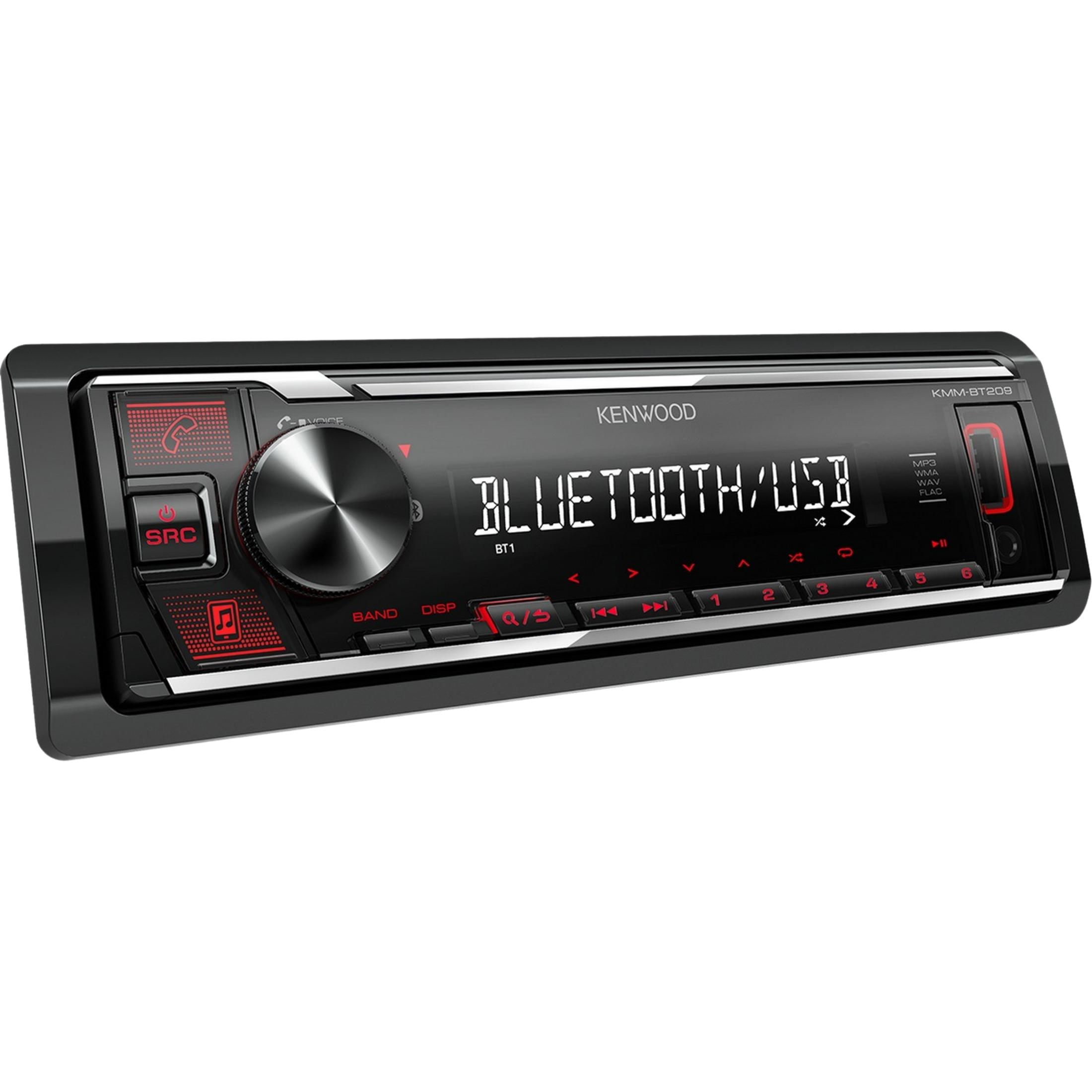 Ein schwarzes Kenwood Autoradio mit beleuchtetem Display, das Bluetooth/USB anzeigt.