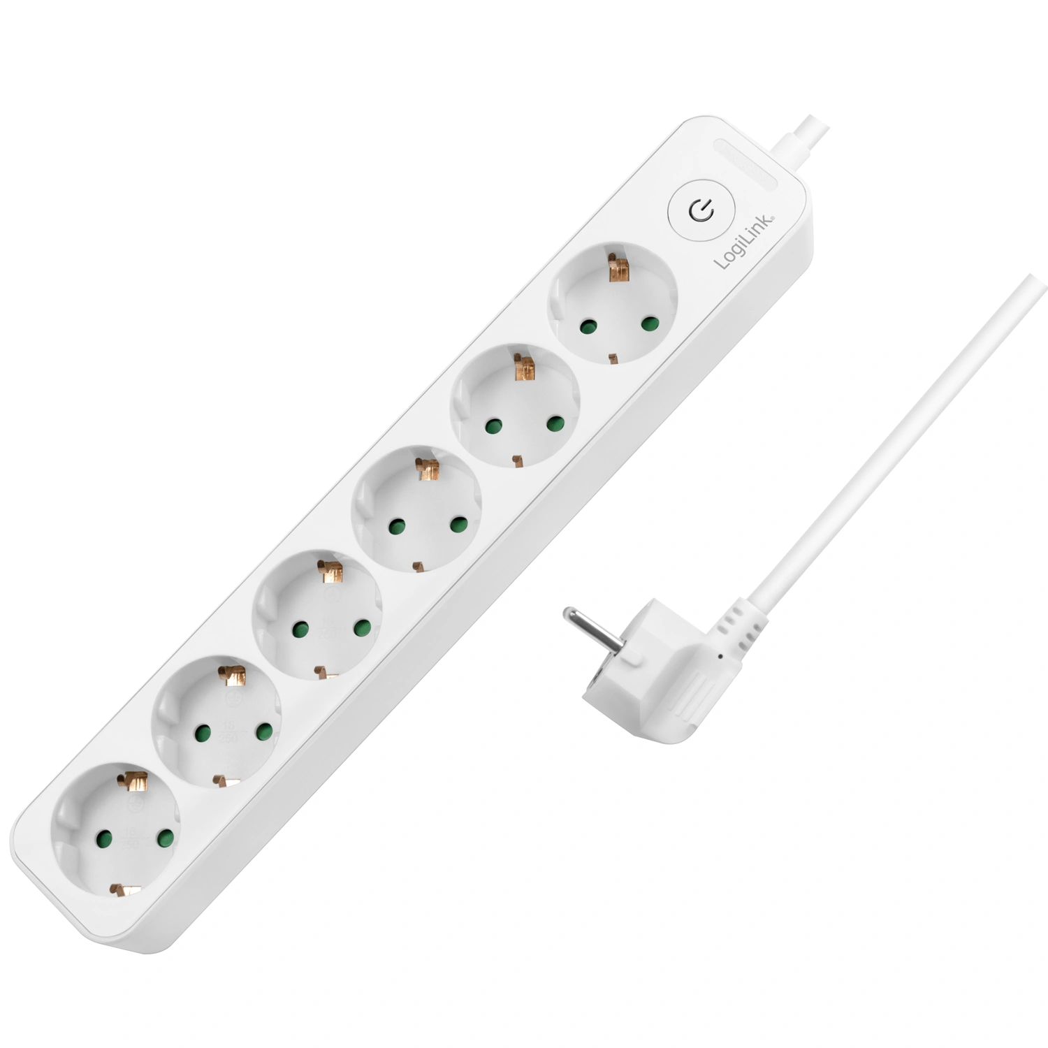 Ein weißes Verlängerungskabel mit fünf Steckdosen und einem Stecker.