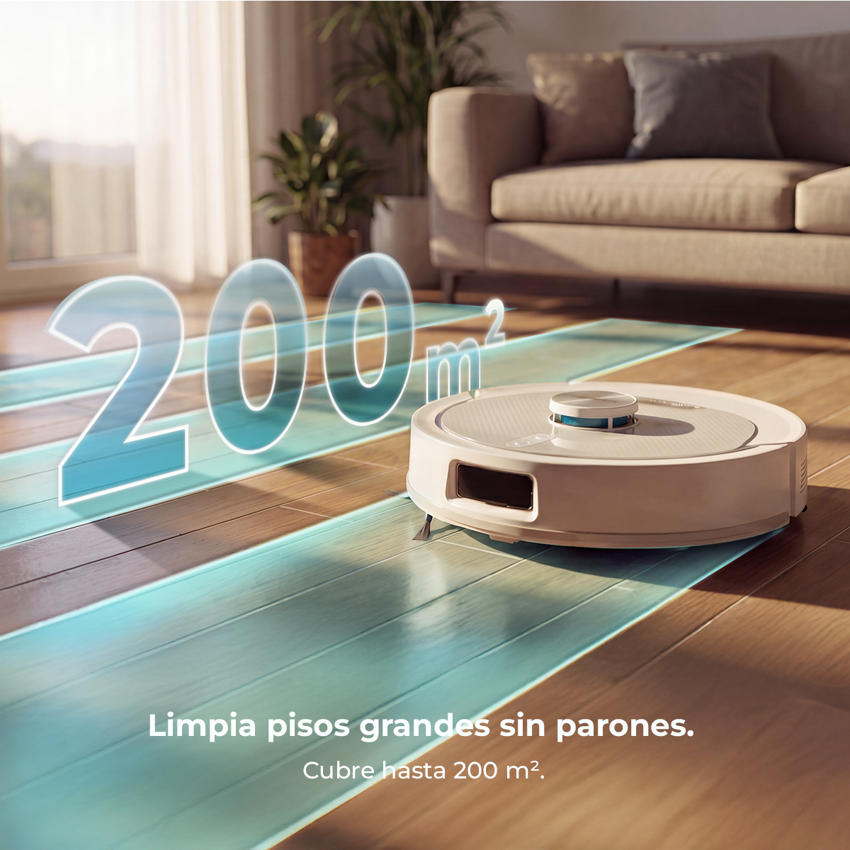 Un robot aspirador blanco limpia un suelo de madera en un salón moderno.