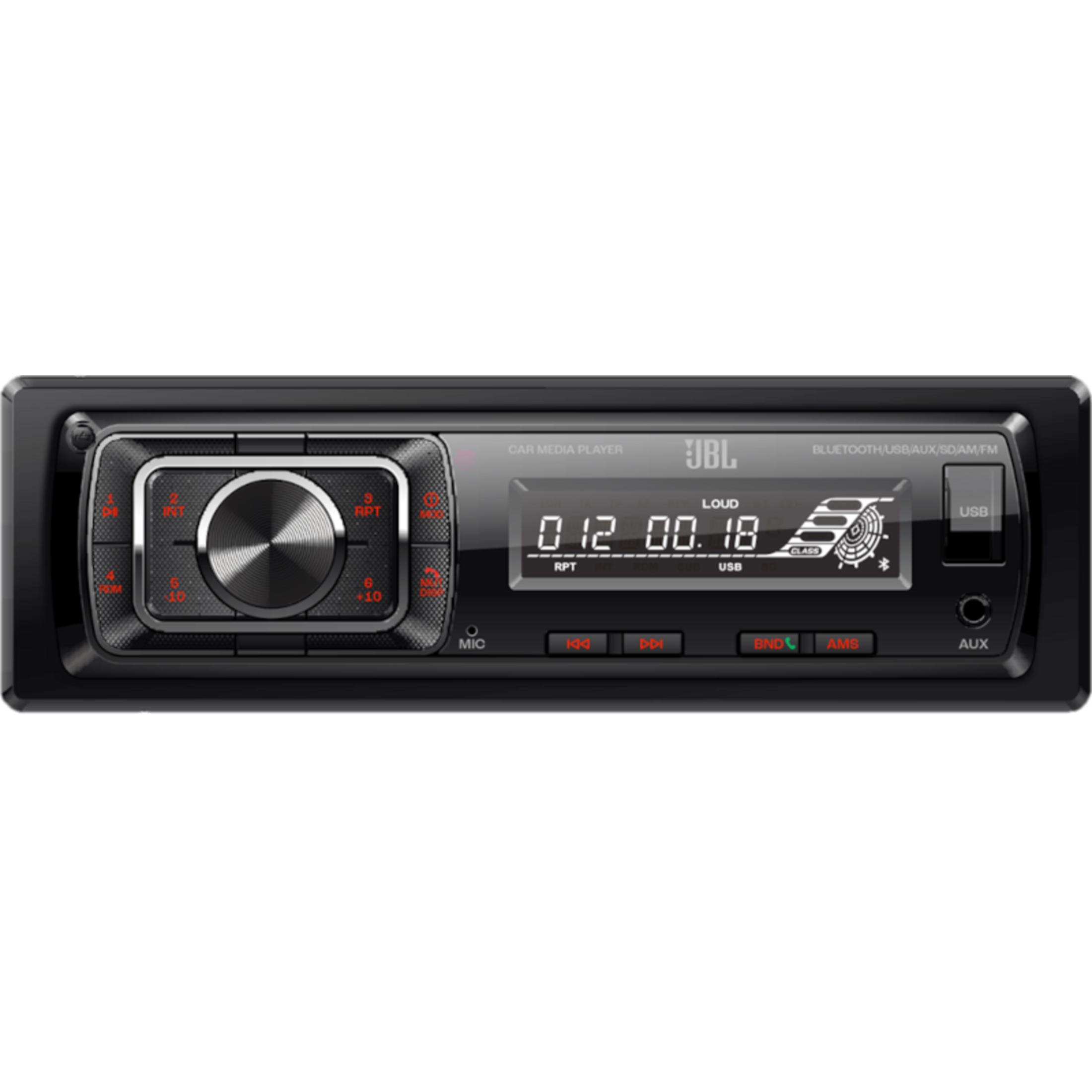 Ein schwarzer JBL Autoradio mit silbernem Drehregler und Display.
