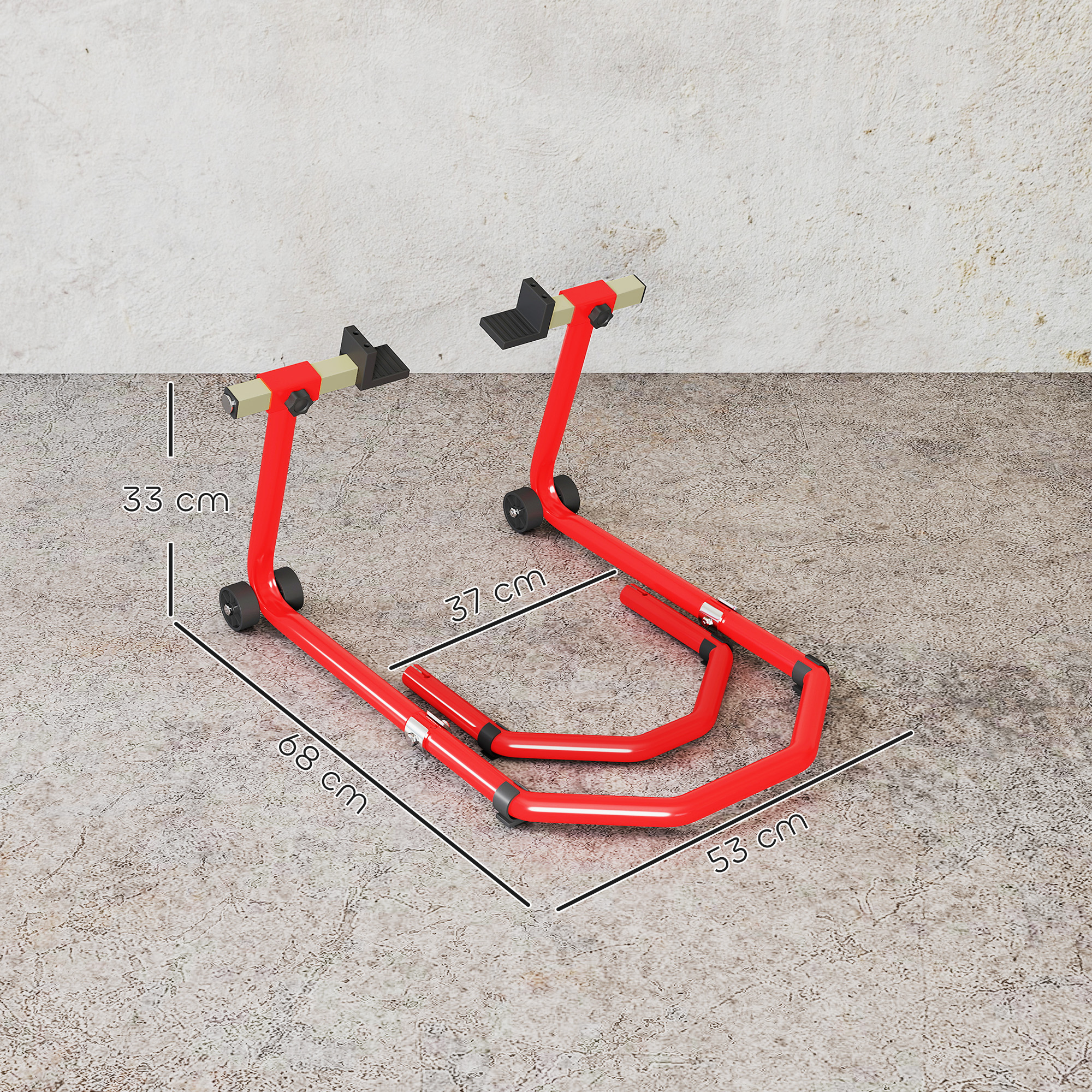 Soporte rojo para motocicleta con ruedas negras y almohadillas de goma en suelo de hormigón.