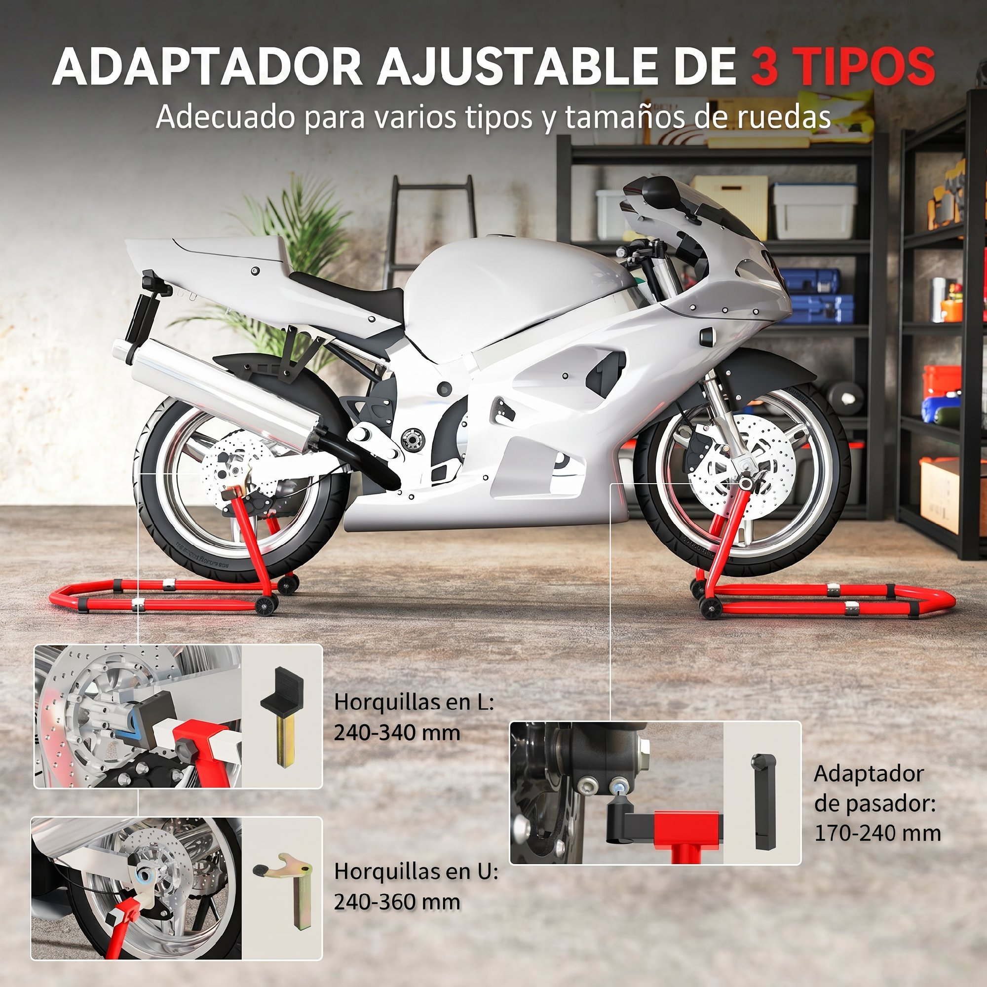 Una motocicleta blanca está sobre soportes rojos en un garaje.
