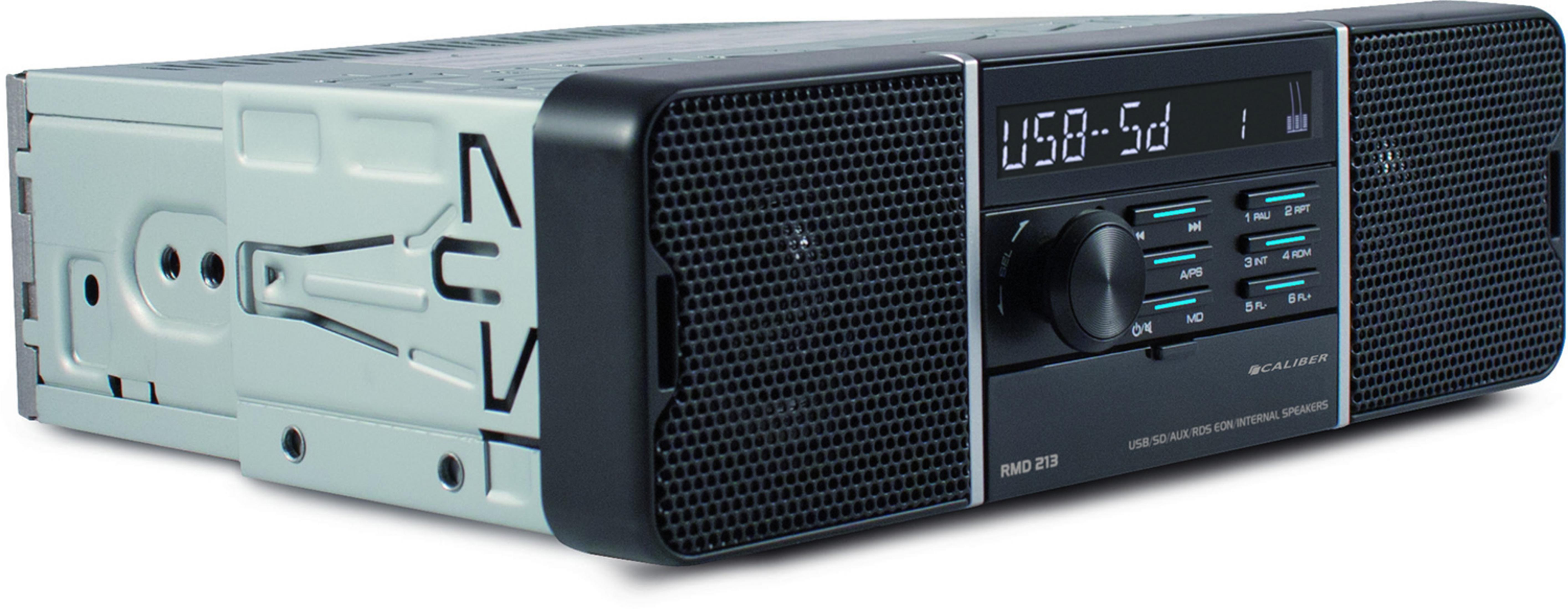 A car stereo with USB, SD, AUX inputs and internal speakers.
