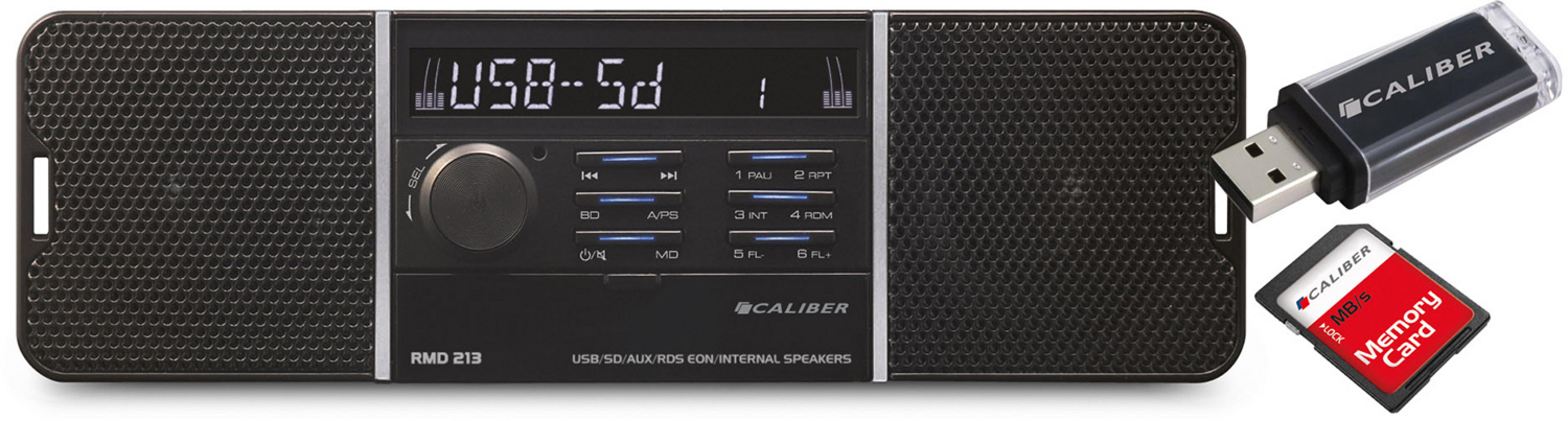 Black Caliber RMD 213 stereo with USB and memory card, plus a USB drive and memory card.