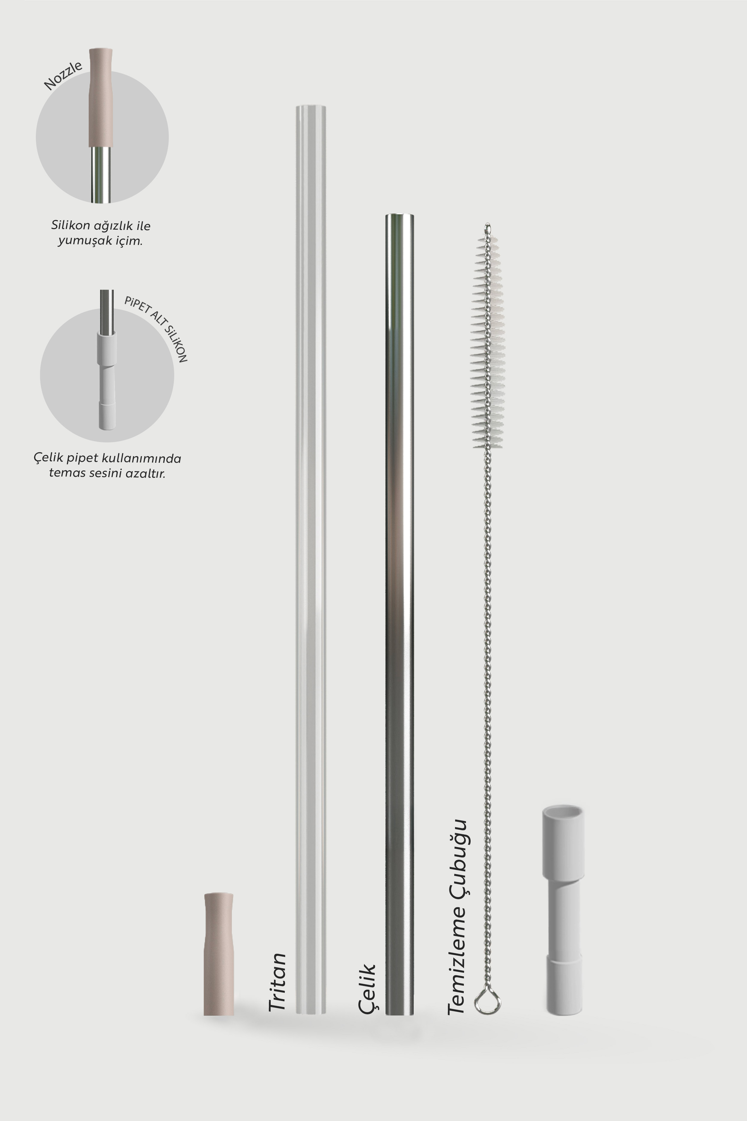 Bej Tritan pipet, şeffaf pipet, metal pipet, temizleme fırçası ve beyaz uç.