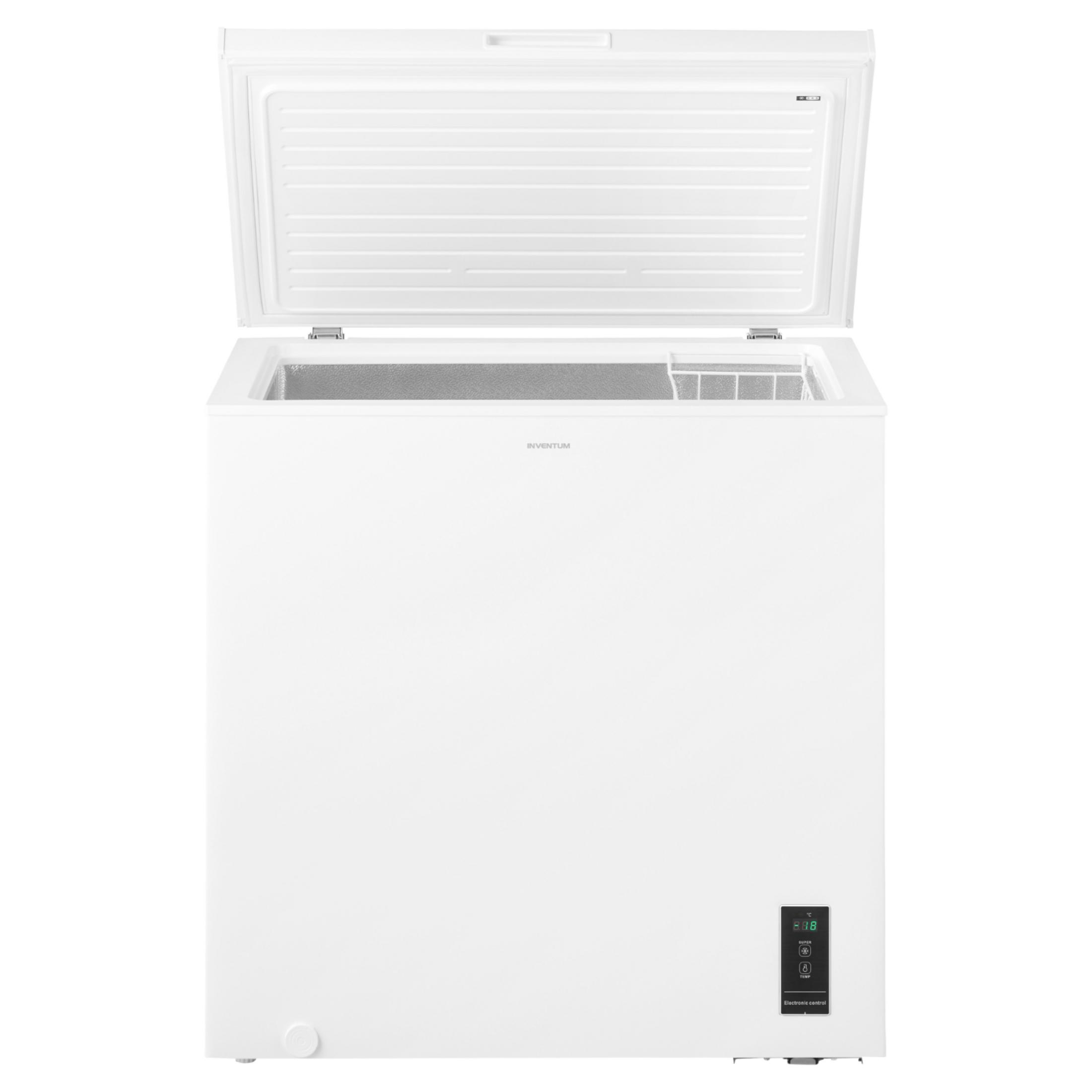 A white chest freezer with its lid open, showing the interior. Digital display on front.