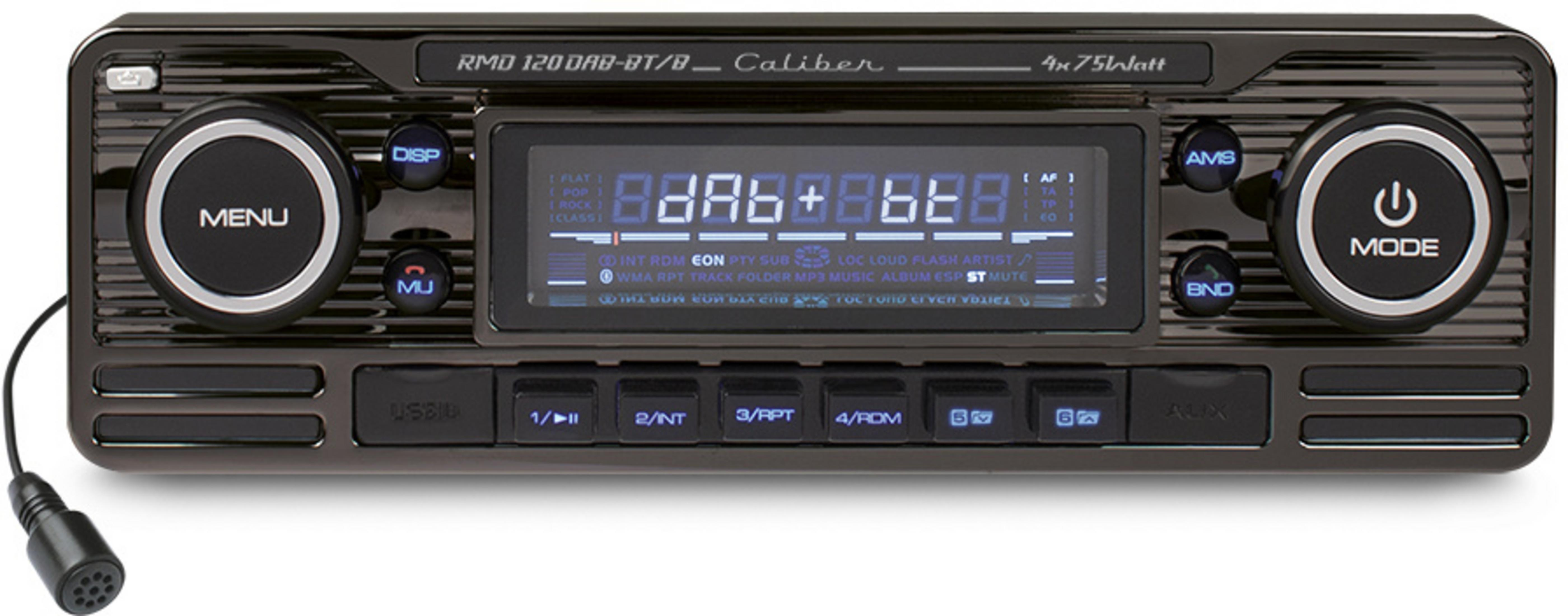 A car stereo with a digital display, buttons, and a microphone.