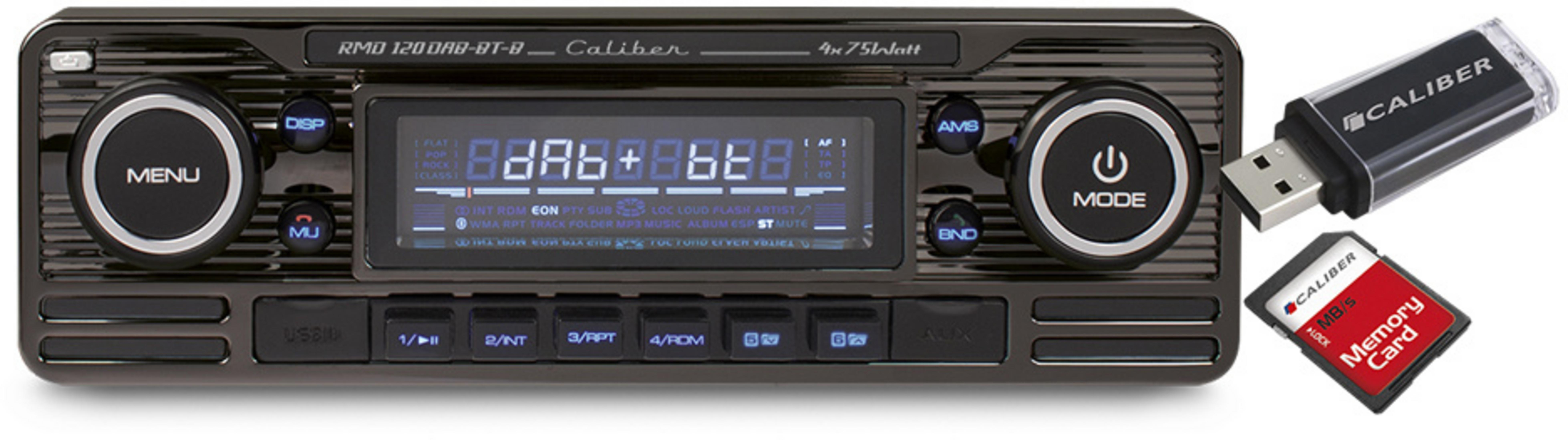 A car stereo with a display, buttons, a USB stick, and a memory card.