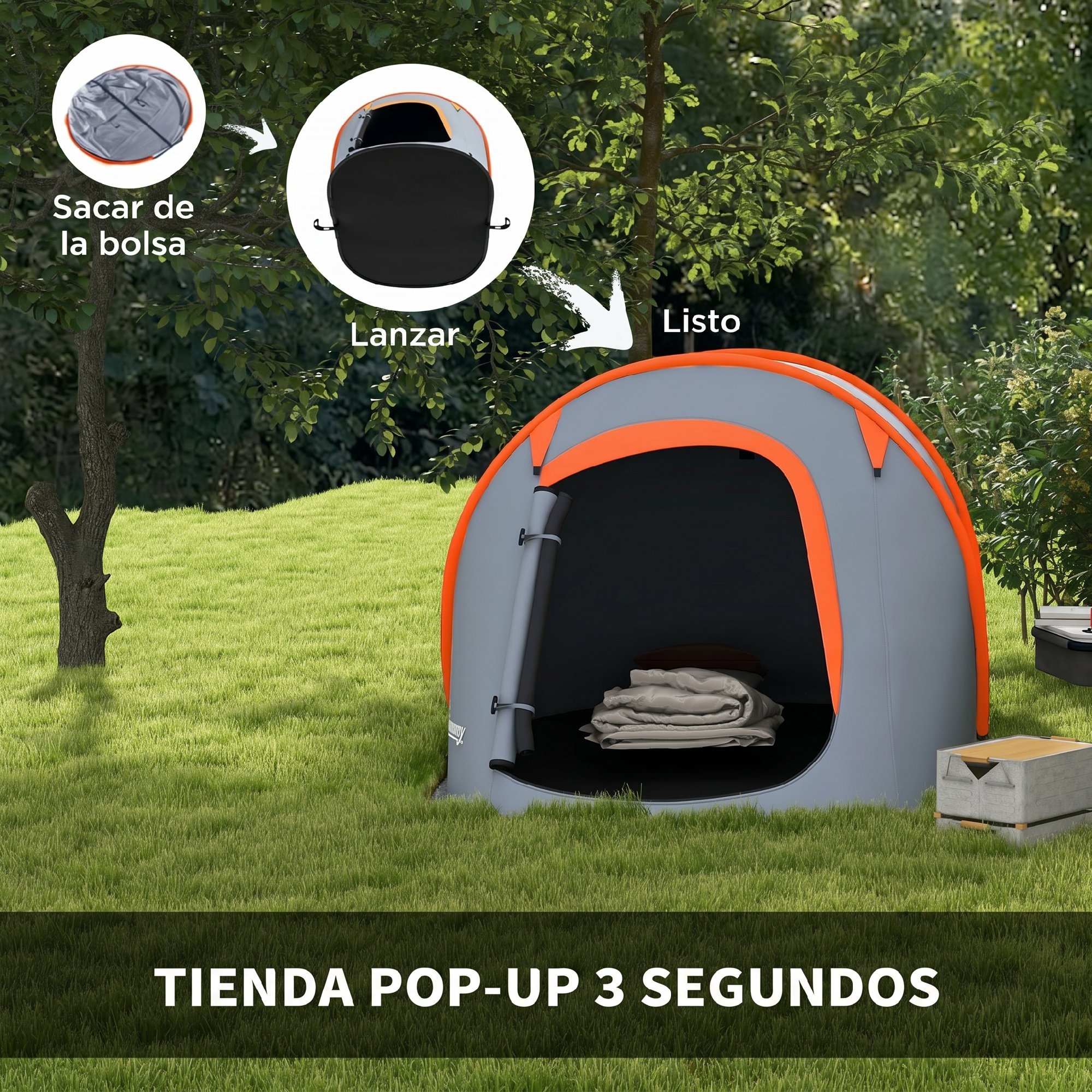 Tienda pop-up gris con ribete naranja sobre césped verde.