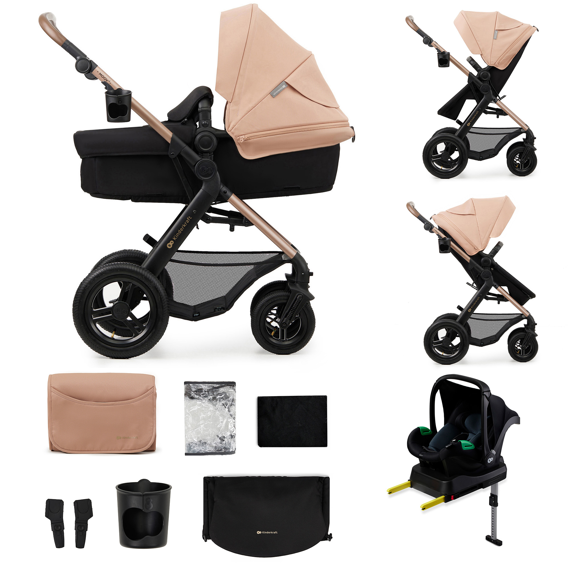 Ein Kinderwagen-Set mit Babywanne, Autokindersitz, Zubehör und Becherhalter.