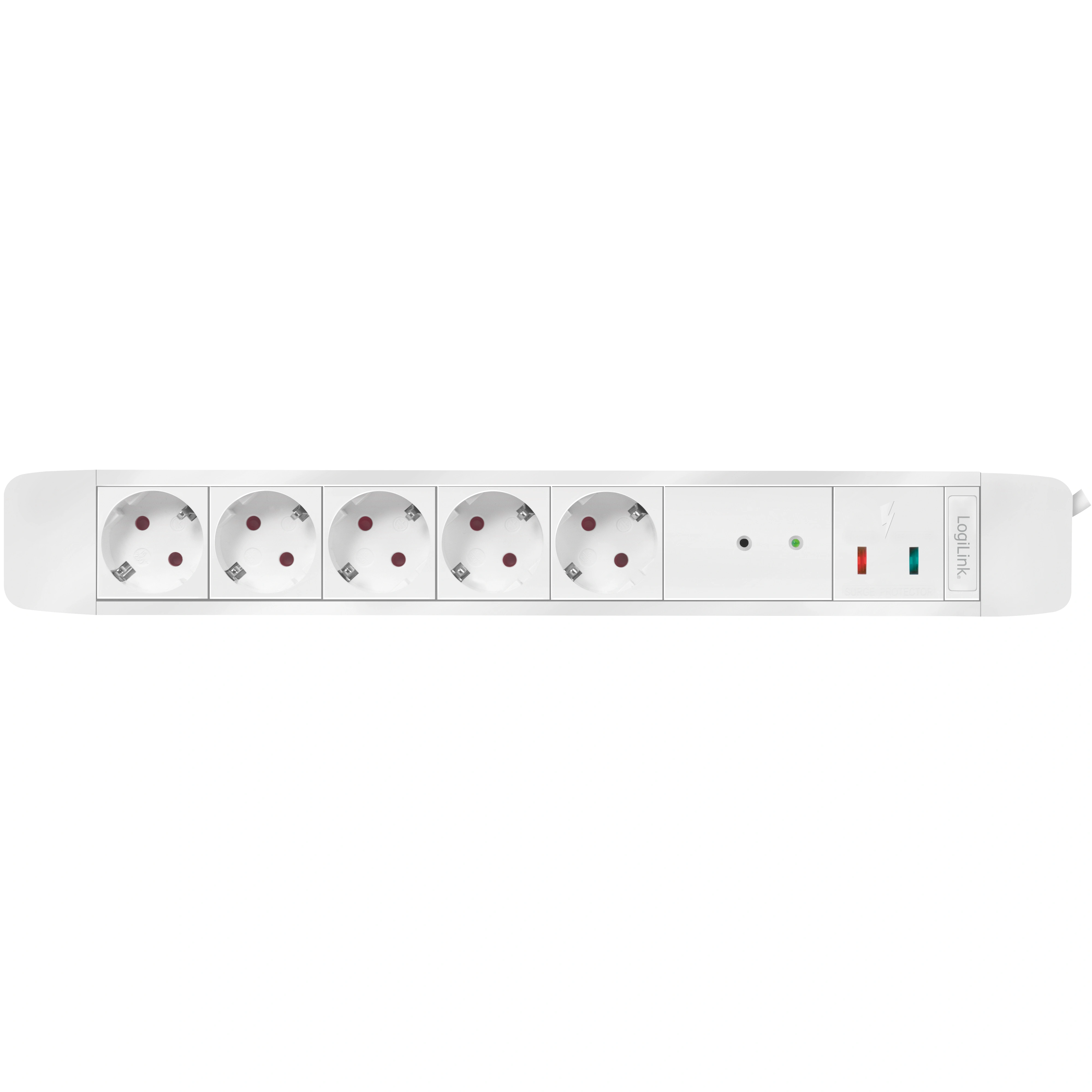 White power strip with 5 sockets and LogiLink logo.