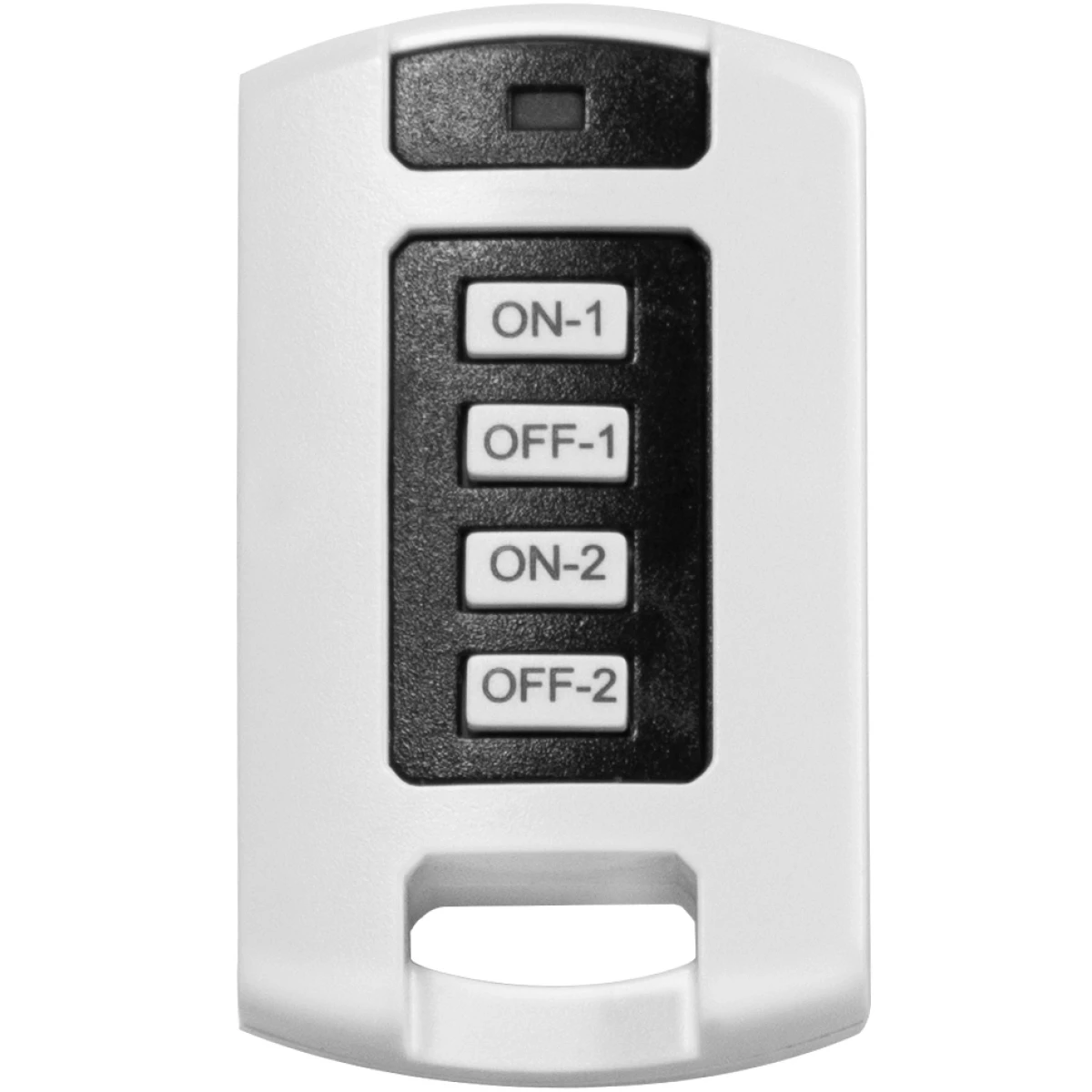 A white remote control with four buttons: ON-1, OFF-1, ON-2, OFF-2.