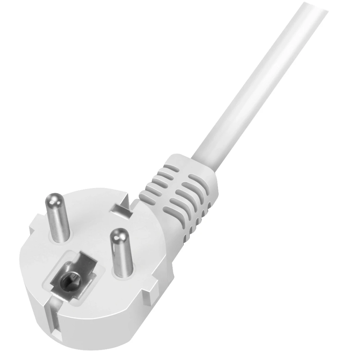A white plug with three pins and a cable, close-up view.