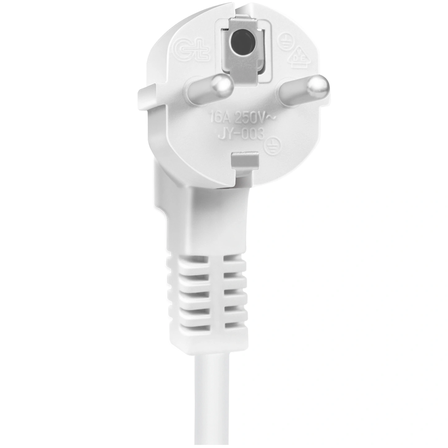 A white plug with three pins and a cable on a white background.