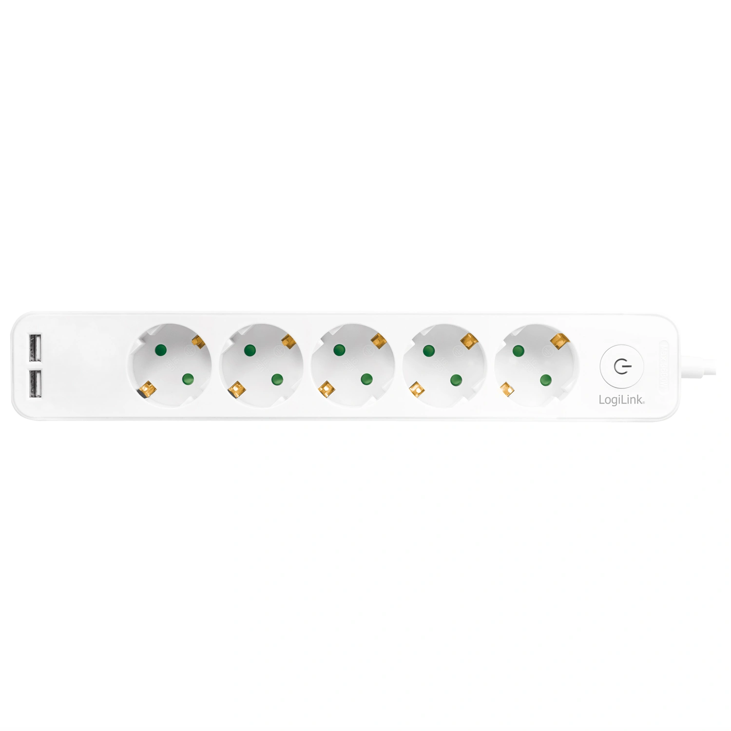 Weiße Steckdosenleiste mit 5 Steckplätzen, 2 USB-Anschlüssen und Netzschalter.