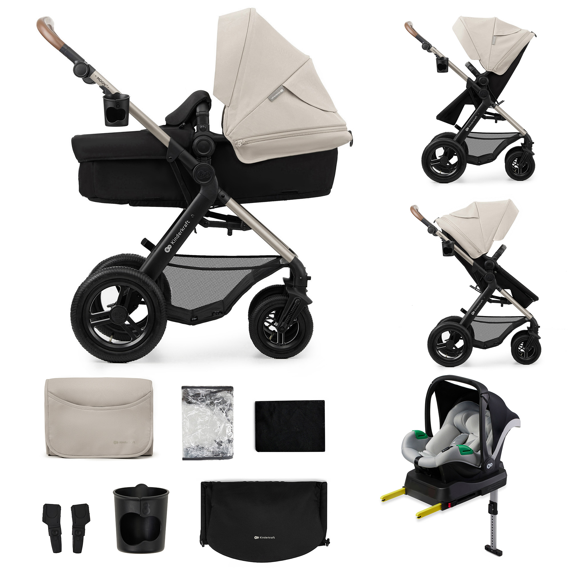 Kinderwagen mit Zubehör: Babywanne, Autositz, Becherhalter, Regenverdeck.