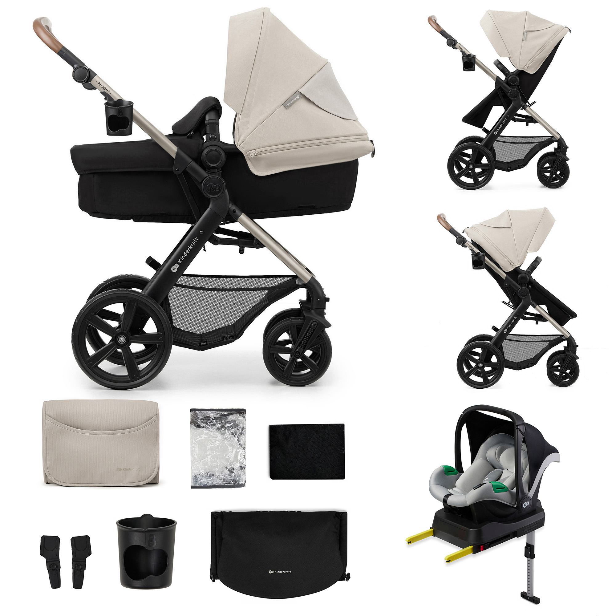 Ein Kinderwagen-Set mit Babywanne, Autositz, Zubehör wie Wickeltasche, Becherhalter.