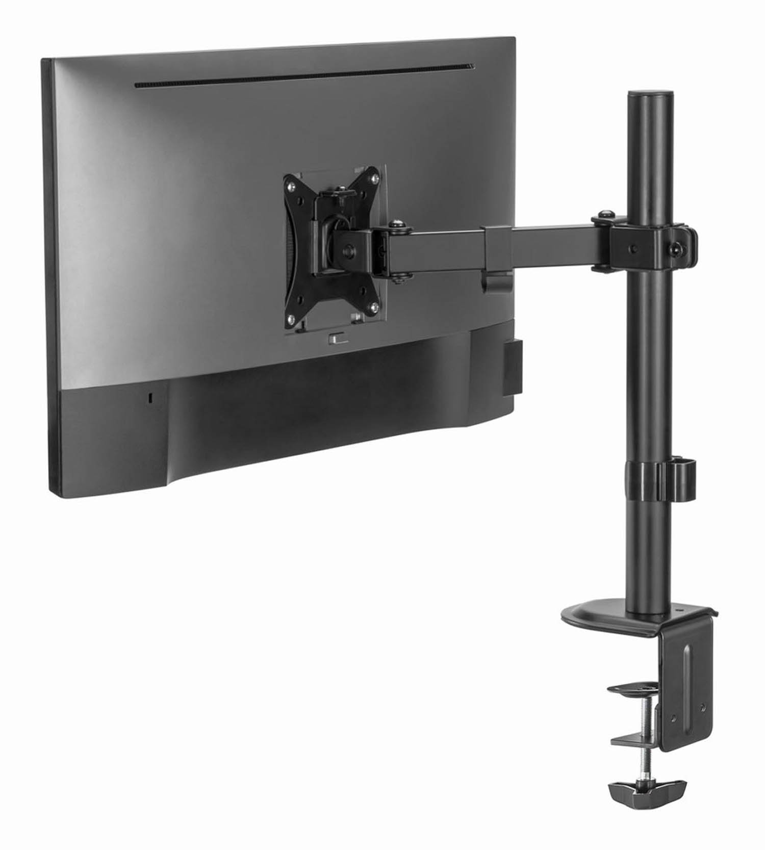Ein schwarzer Monitorarm ist mit einer Klemme an einem Tisch befestigt.
