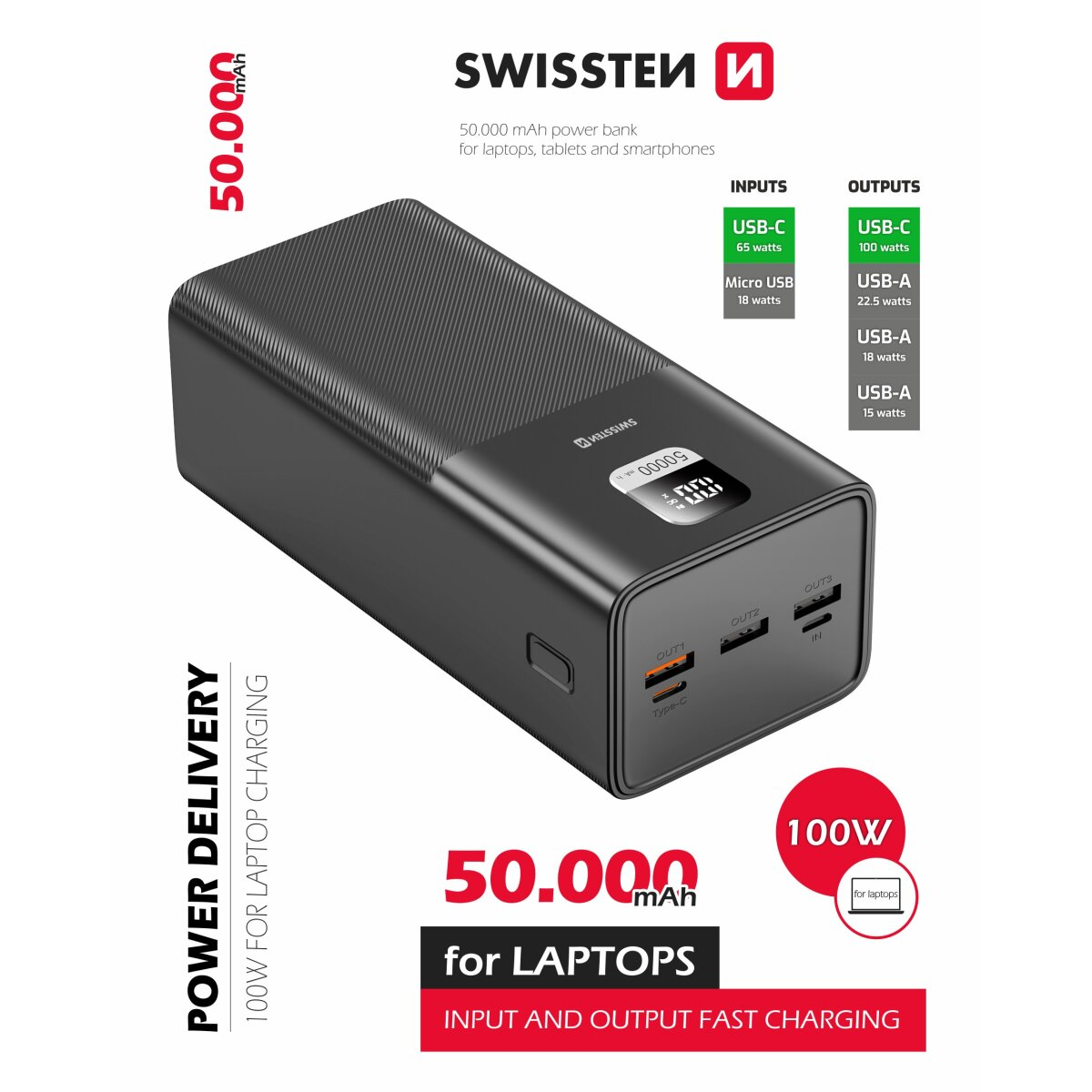 Power bank nero Swissten da 50.000 mAh con 100W per laptop, porte multiple.